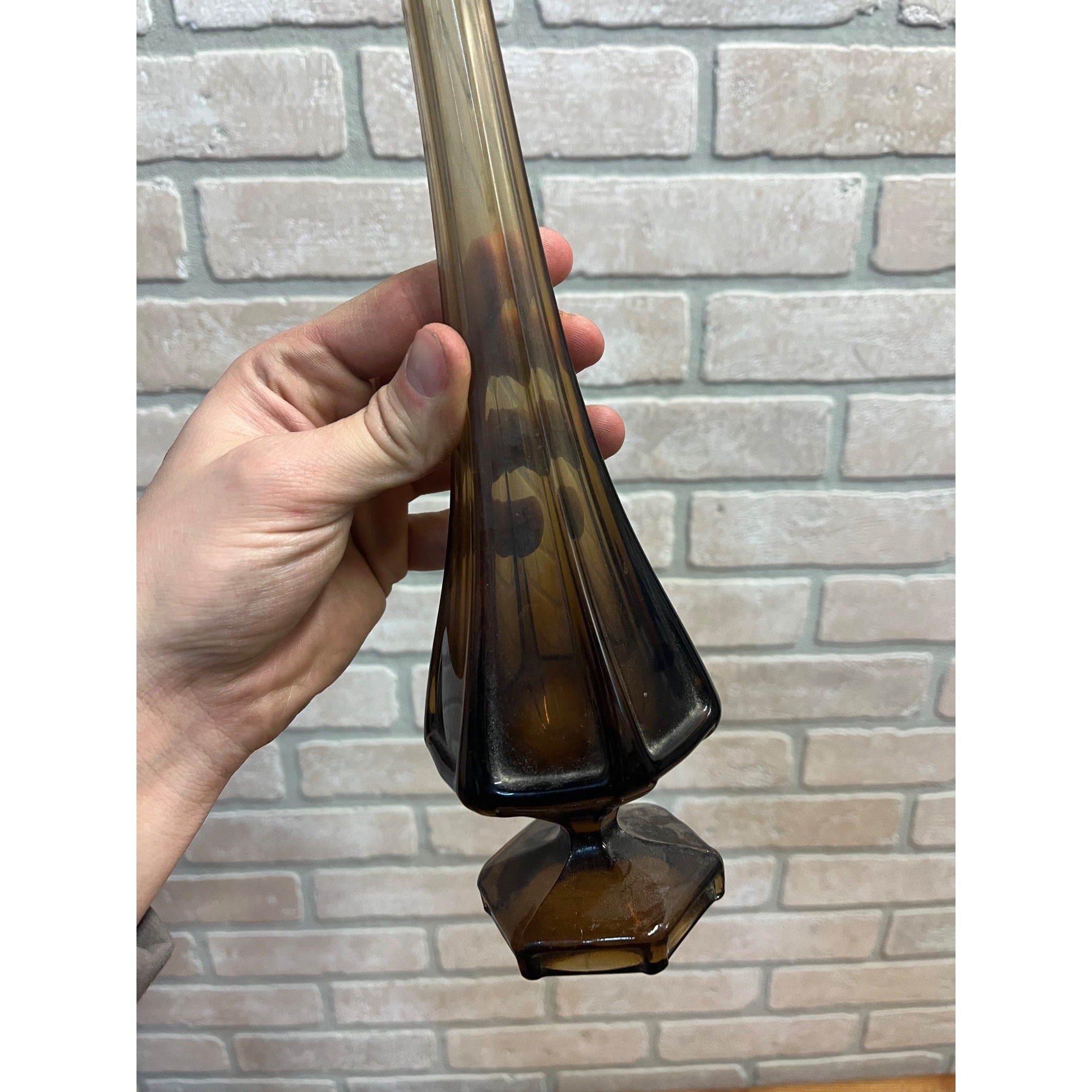 Vintage MCM Viking Glass Epic Column Swung Vase Smoke Brown Root Beer