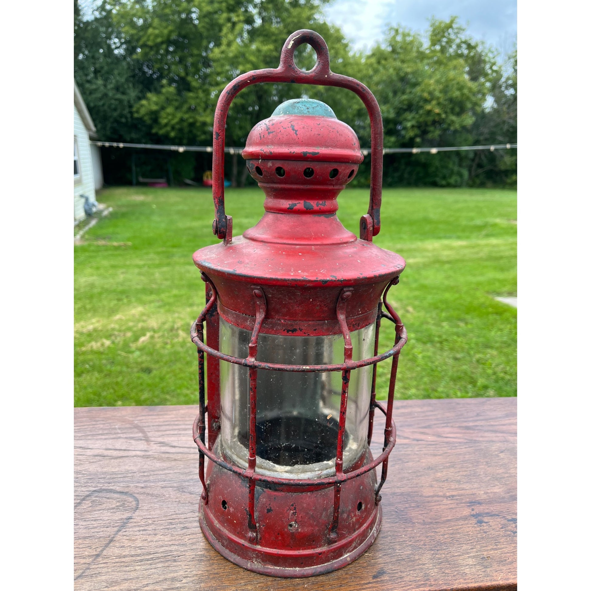 Antique Vintage Red Nautical Lantern Cast Iron Maritime