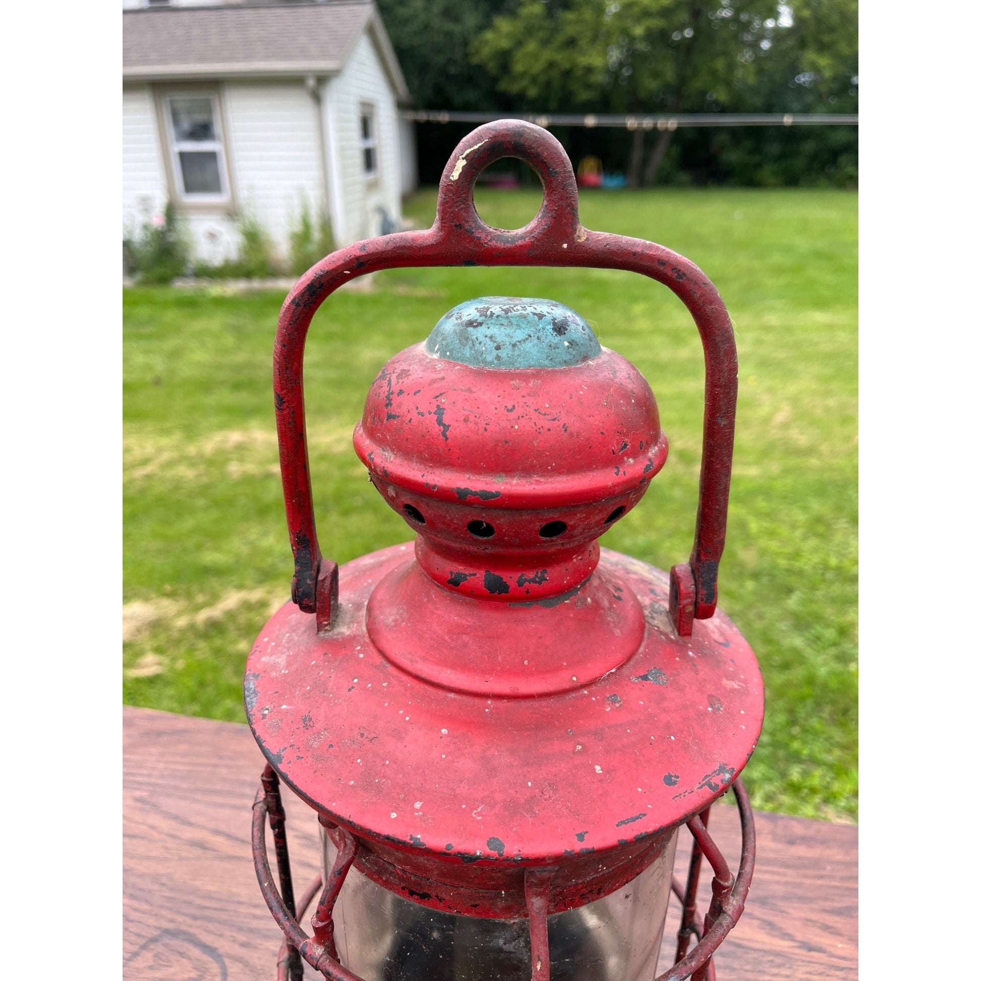 Antique Vintage Red Nautical Lantern Cast Iron Maritime
