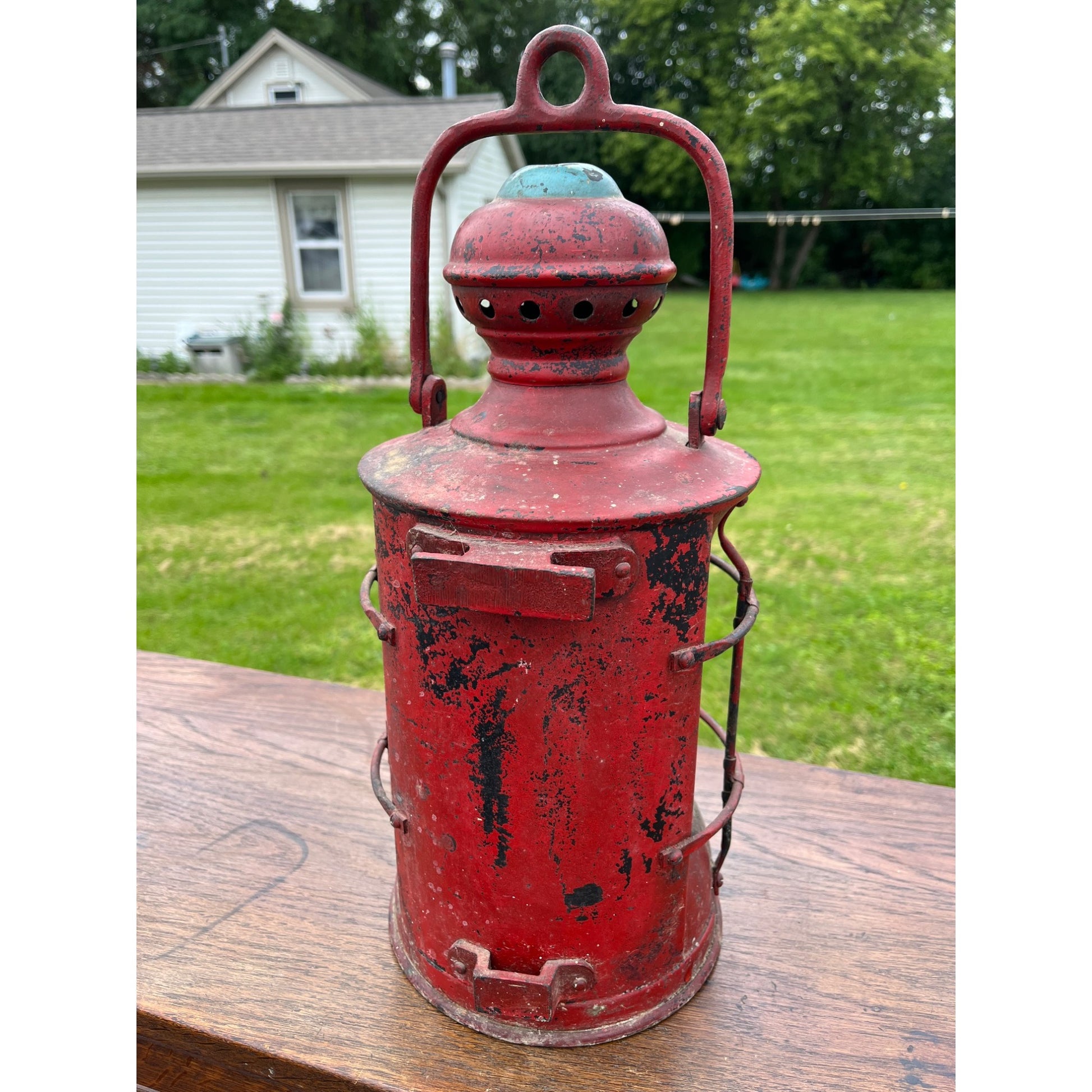 Antique Vintage Red Nautical Lantern Cast Iron Maritime