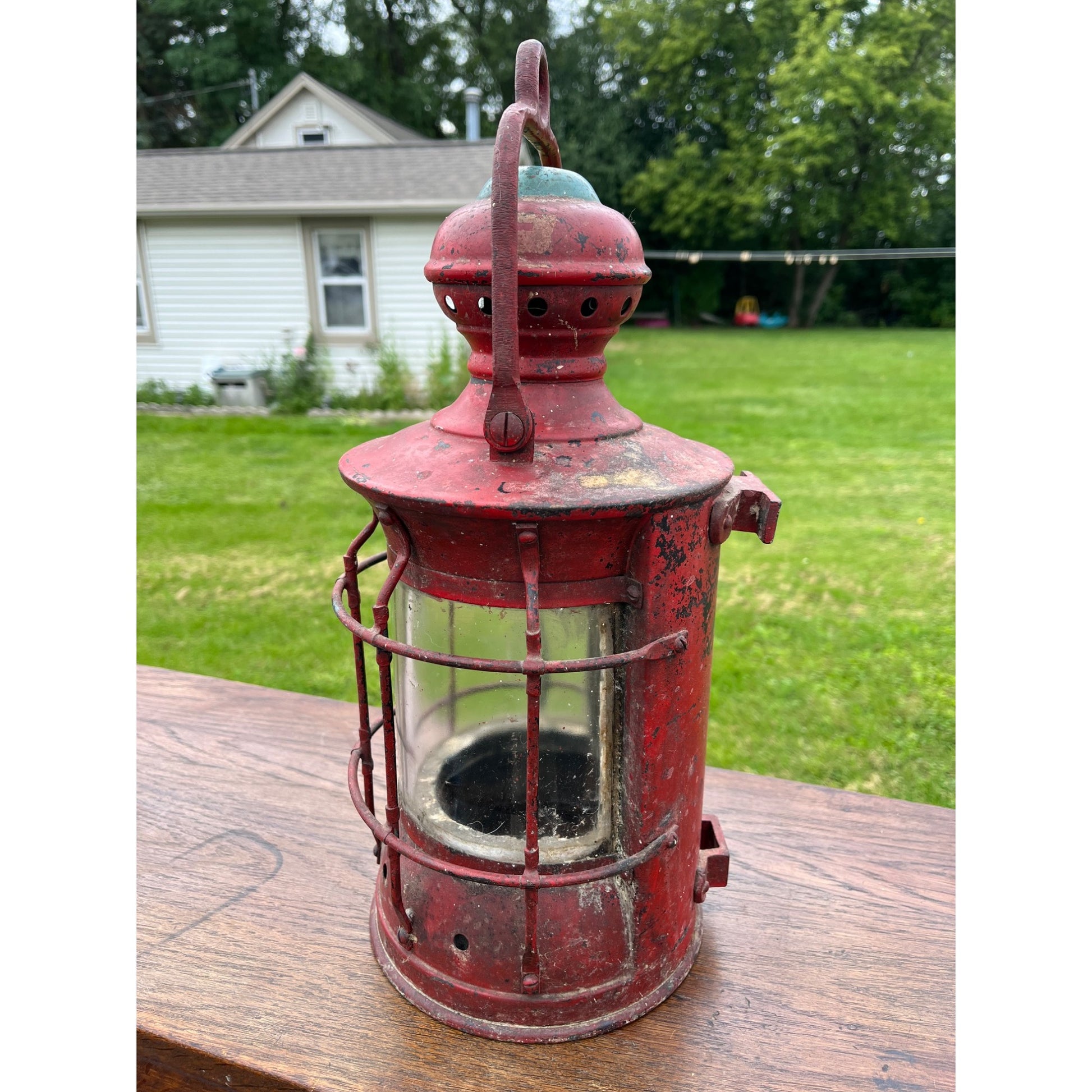 Antique Vintage Red Nautical Lantern Cast Iron Maritime