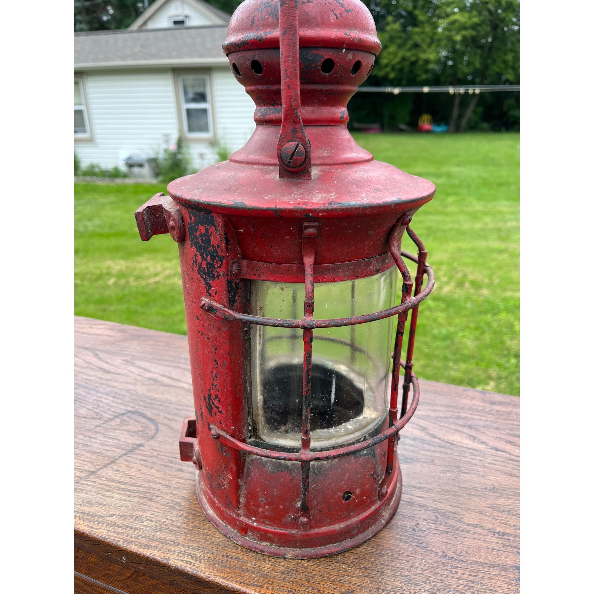 Antique Vintage Red Nautical Lantern Cast Iron Maritime