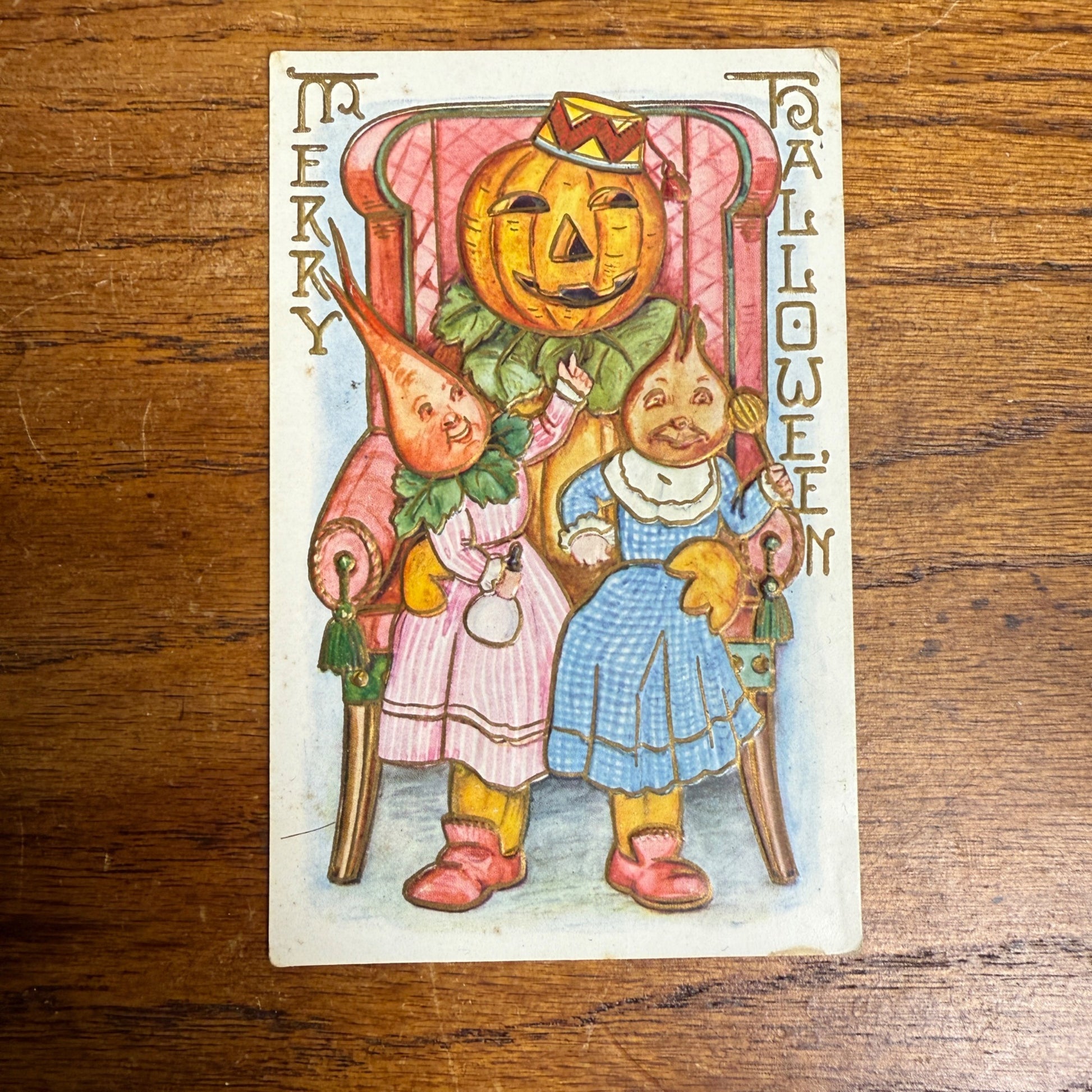 Vintage Merry Halloween Postcard Anthropomorphic Veggie Pumpkin Man