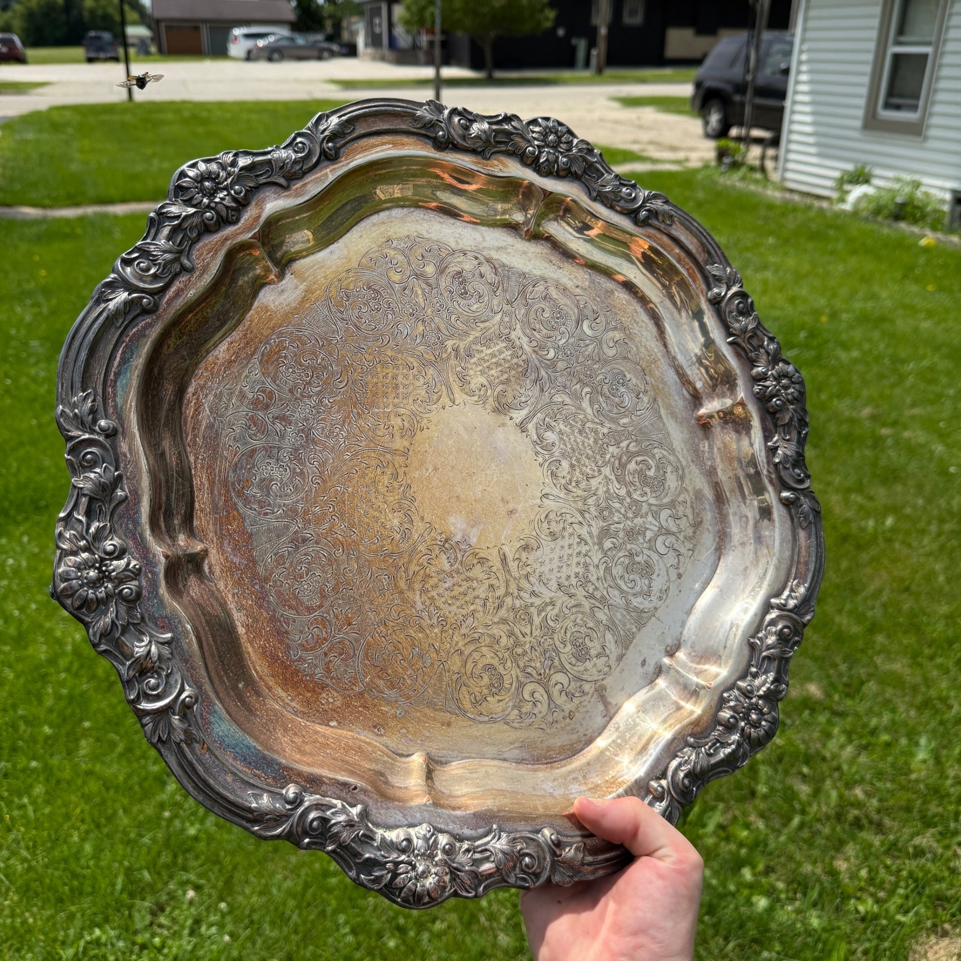 Vintage FB Rogers Silver Co 1883 Footed Round Tray #7734 Scalloped 16 1/2"