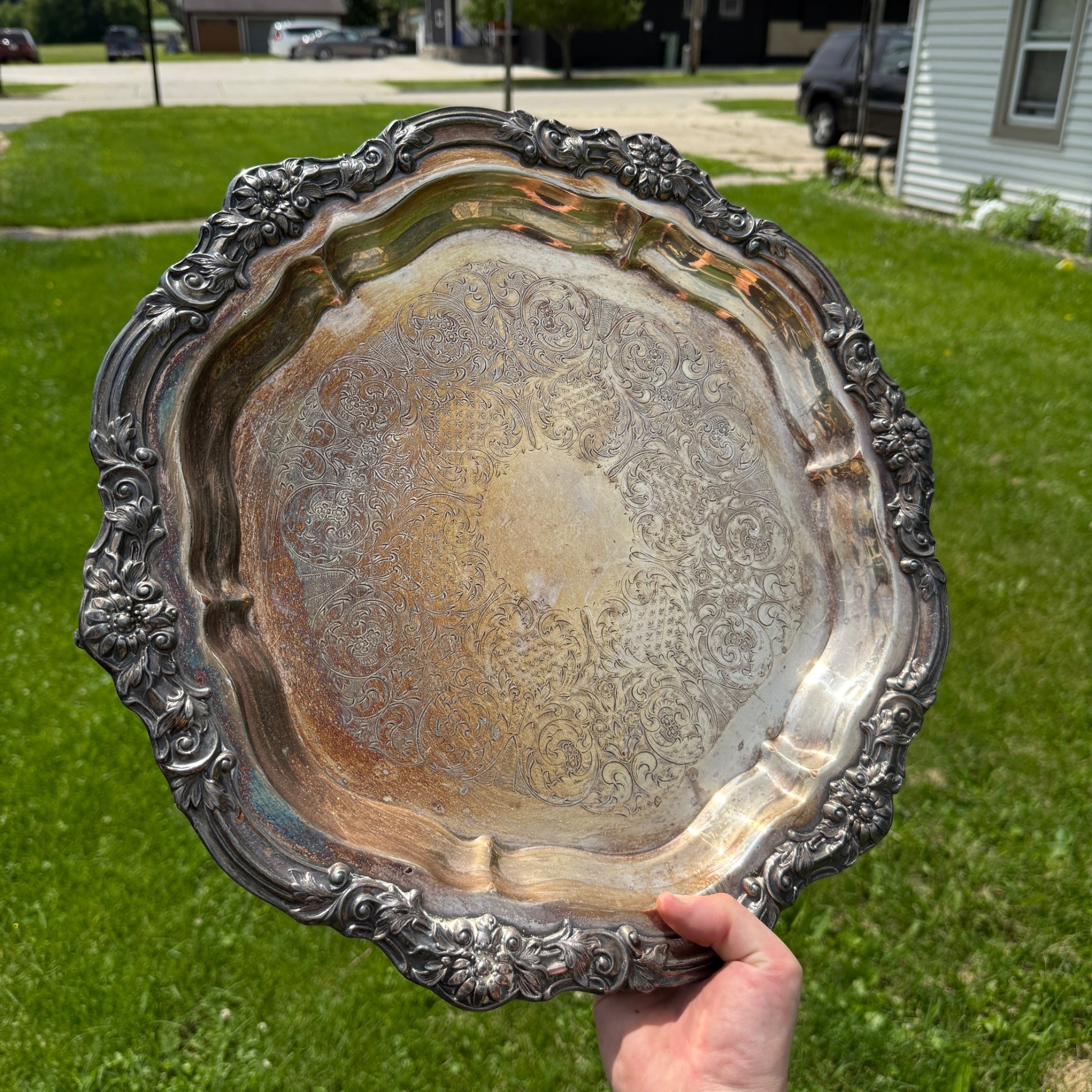 Vintage FB Rogers Silver Co 1883 Footed Round Tray #7734 Scalloped 16 1/2"
