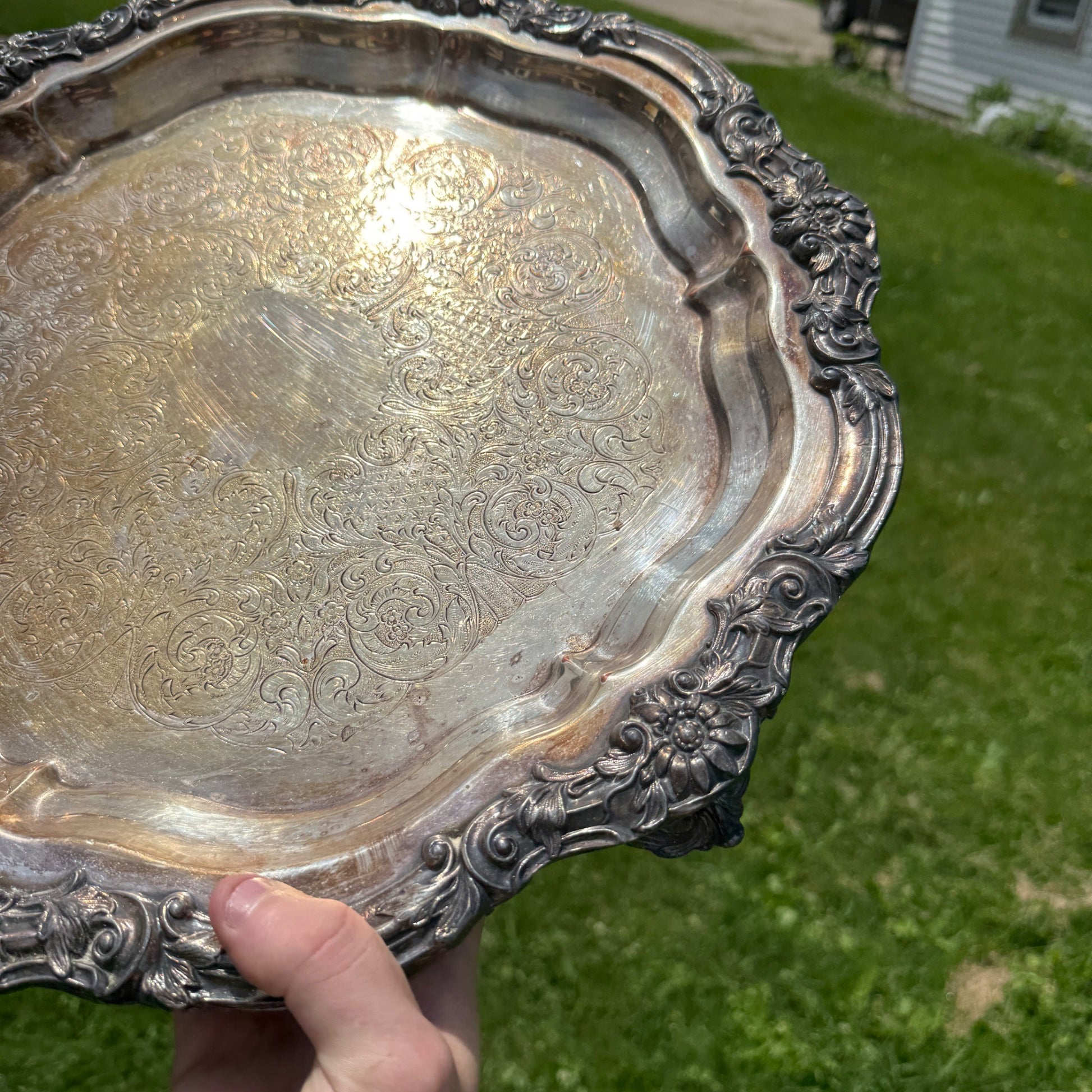 Vintage FB Rogers Silver Co 1883 Footed Round Tray #7734 Scalloped 16 1/2"