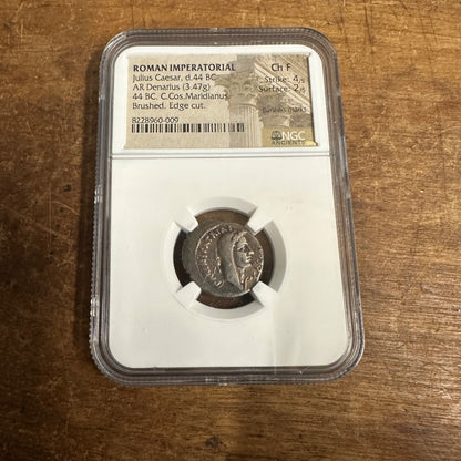 ROMAN IMPERATORIAL AR Denarius Julius Caesar 44 BC NGC Ch F Coin 4/5 2/5