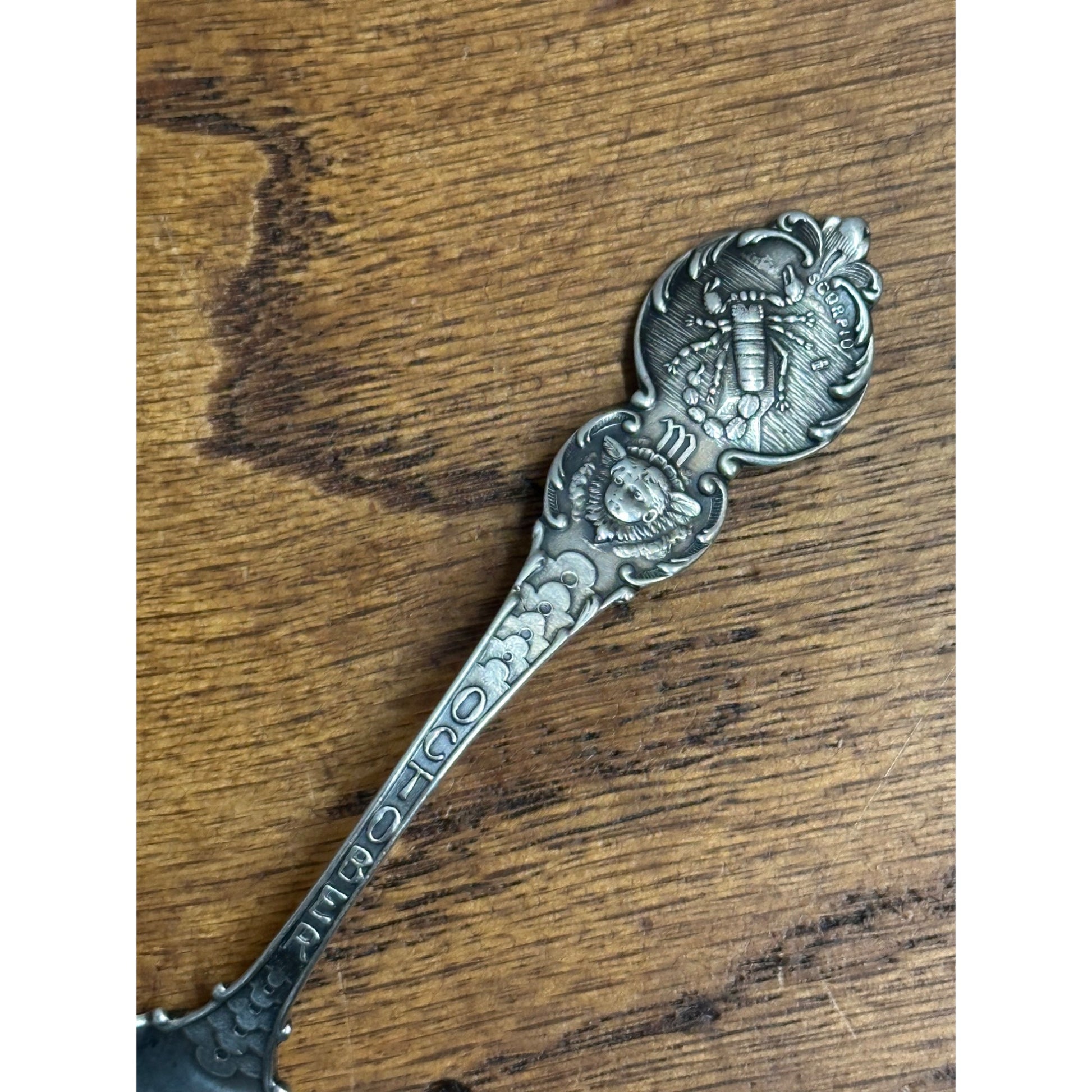 Vintage 1900s October Zodiac Scorpio 5" Sterling Silver Souvenir Spoon