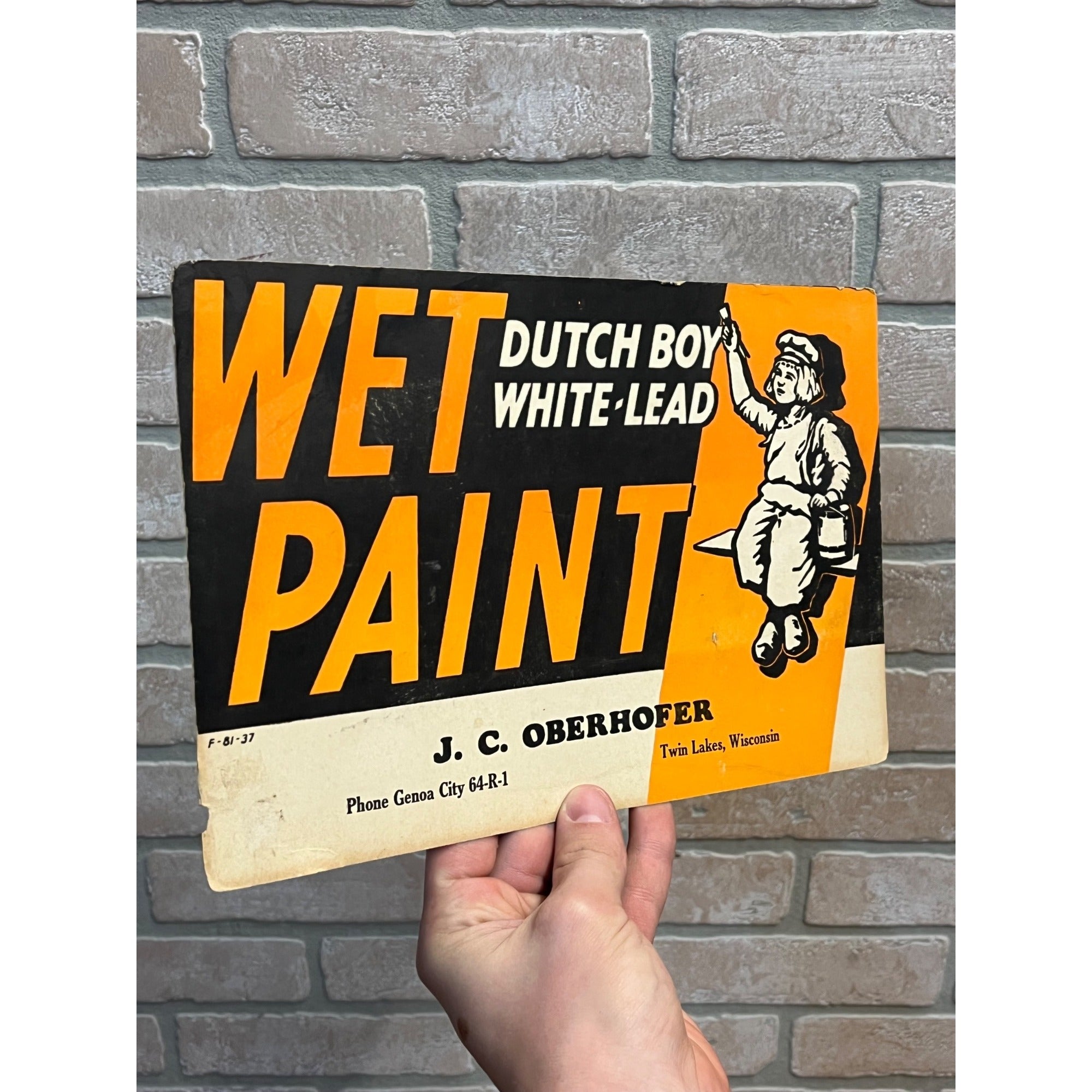 1930s Dutch Boy White-Lead Wet Paint Cardboard Sign Oberhofer Twin Lakes WI