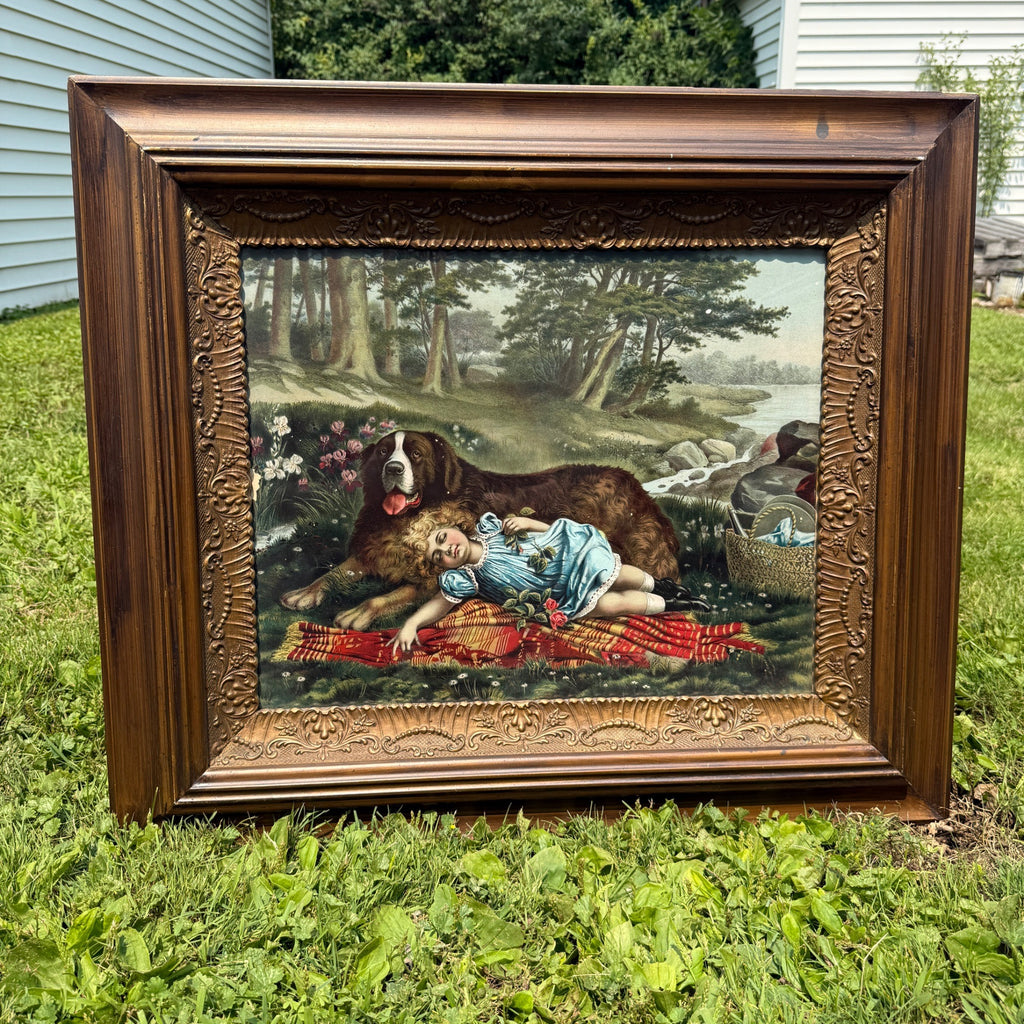 Antique Victorian Sleepy Picnic Girl with St. Bernard Dog Lithograph Framed