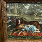 Antique Victorian Sleepy Picnic Girl with St. Bernard Dog Lithograph Framed