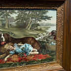Antique Victorian Sleepy Picnic Girl with St. Bernard Dog Lithograph Framed