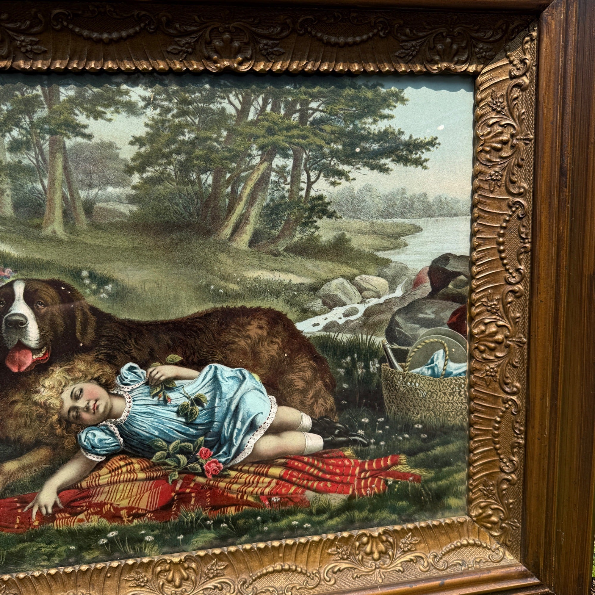 Antique Victorian Sleepy Picnic Girl with St. Bernard Dog Lithograph Framed