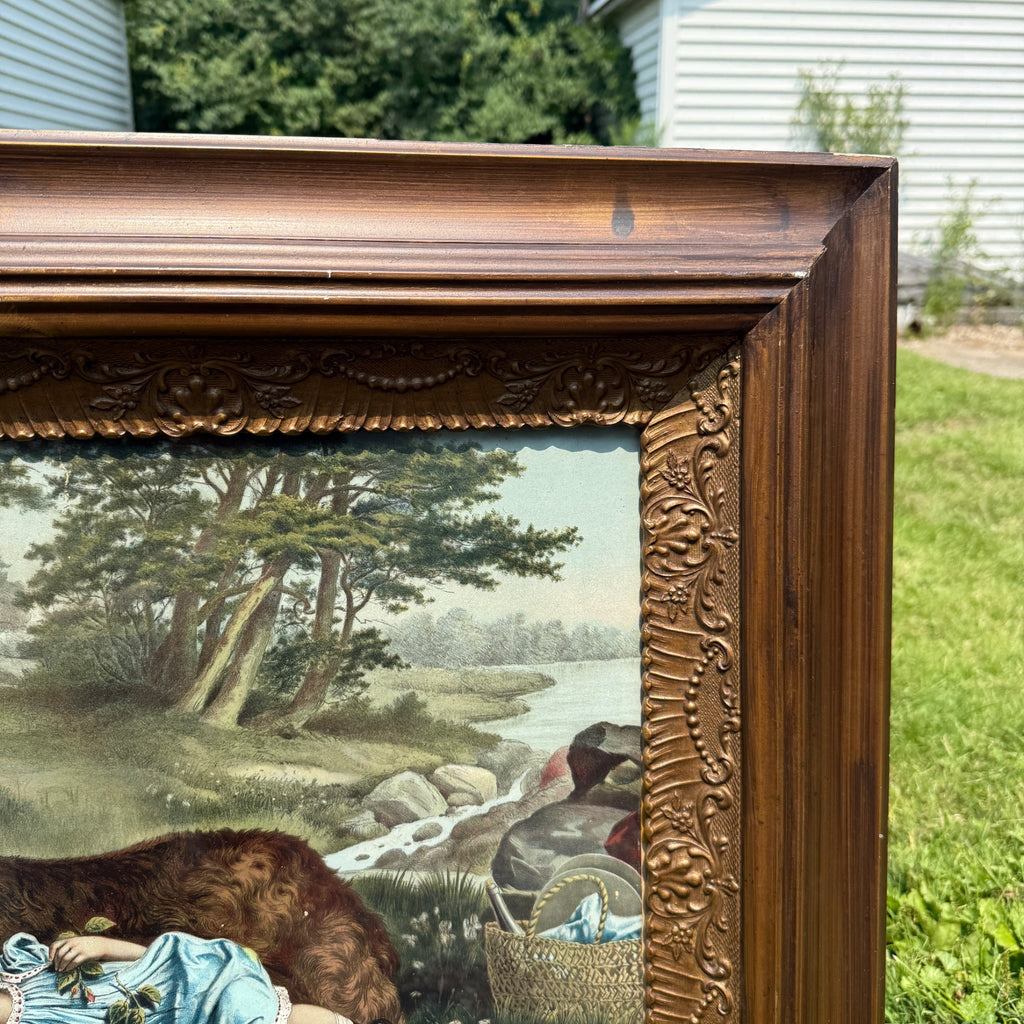 Antique Victorian Sleepy Picnic Girl with St. Bernard Dog Lithograph Framed