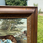 Antique Victorian Sleepy Picnic Girl with St. Bernard Dog Lithograph Framed