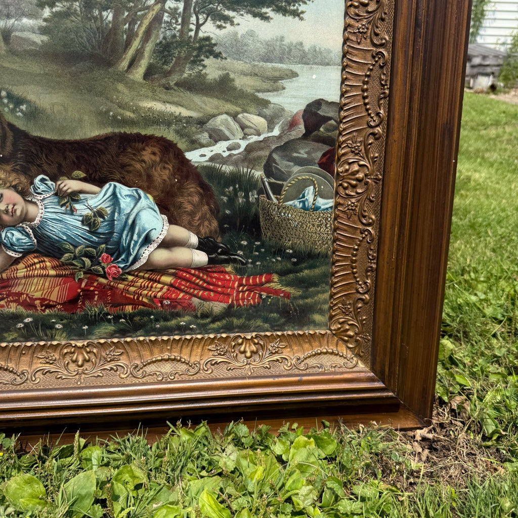 Antique Victorian Sleepy Picnic Girl with St. Bernard Dog Lithograph Framed