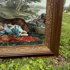 Antique Victorian Sleepy Picnic Girl with St. Bernard Dog Lithograph Framed