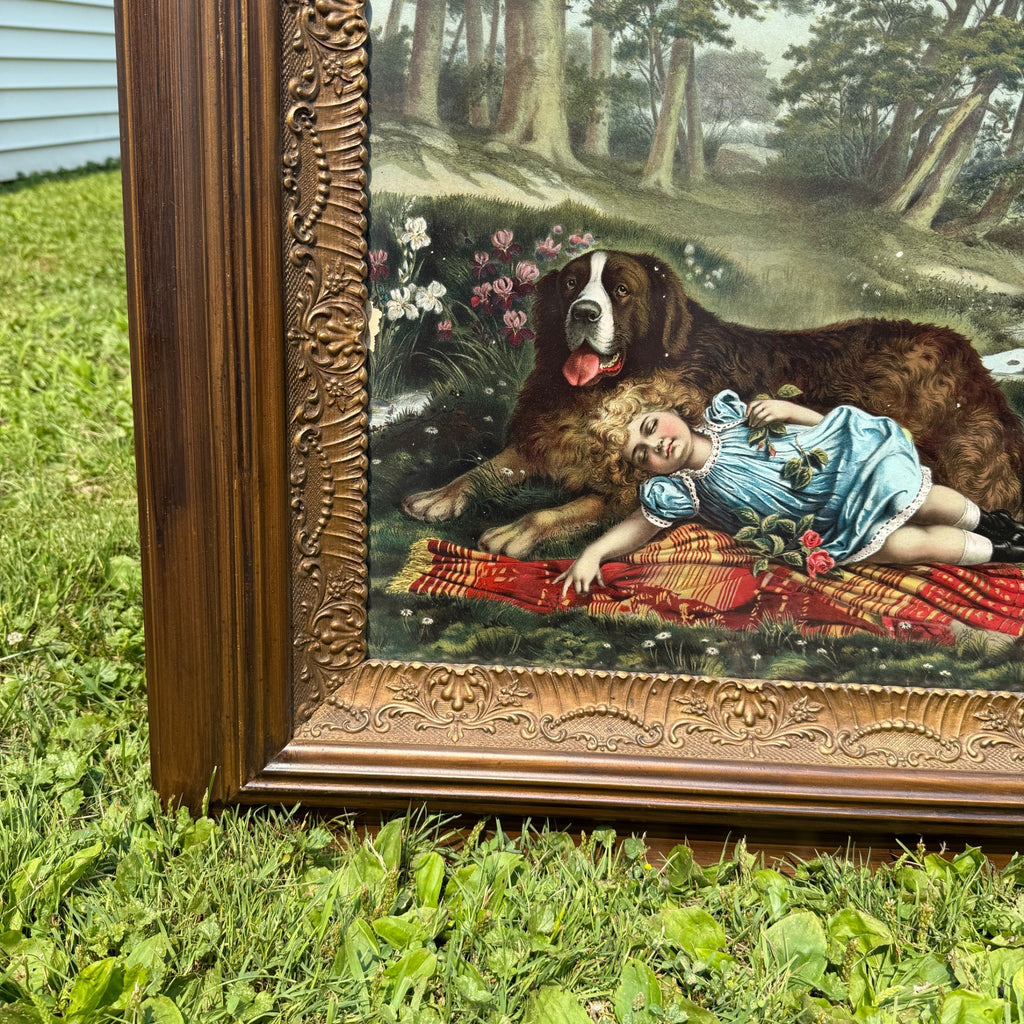Antique Victorian Sleepy Picnic Girl with St. Bernard Dog Lithograph Framed