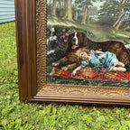 Antique Victorian Sleepy Picnic Girl with St. Bernard Dog Lithograph Framed
