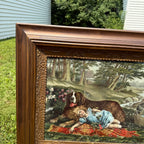 Antique Victorian Sleepy Picnic Girl with St. Bernard Dog Lithograph Framed