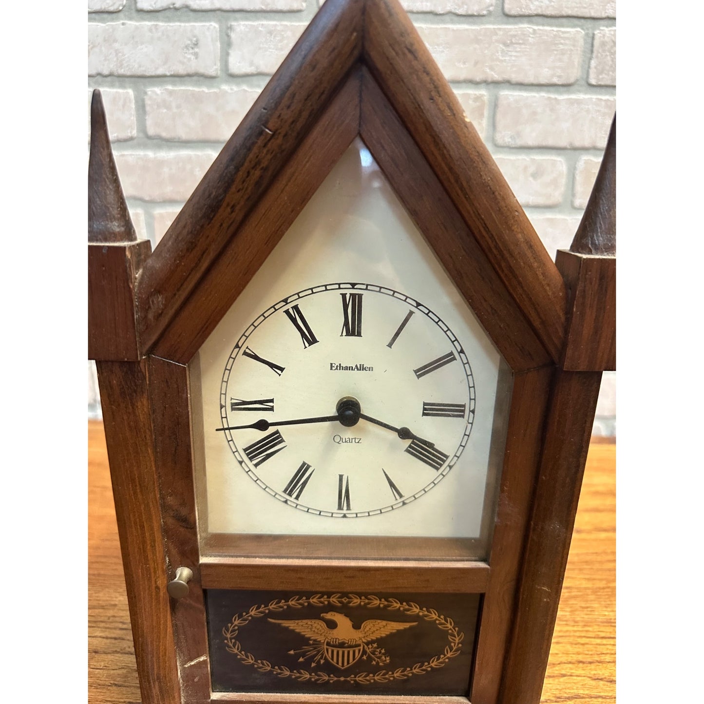 Vintage Ethan Allen Wooden Steeple Mantle Clock Eagle USA Battery Operated 15.5"