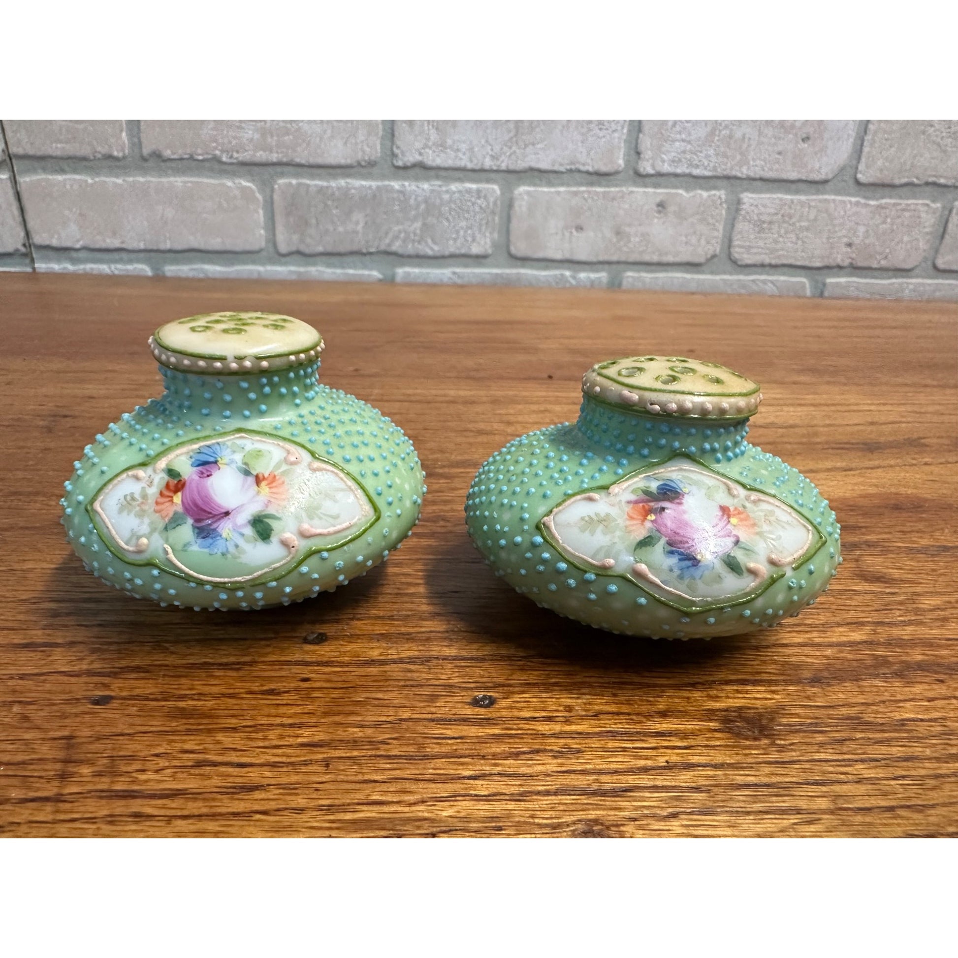 Vintage Nippon Moriage Hand Painted Floral Salt & Pepper Shakers victorian Blue Dimpled