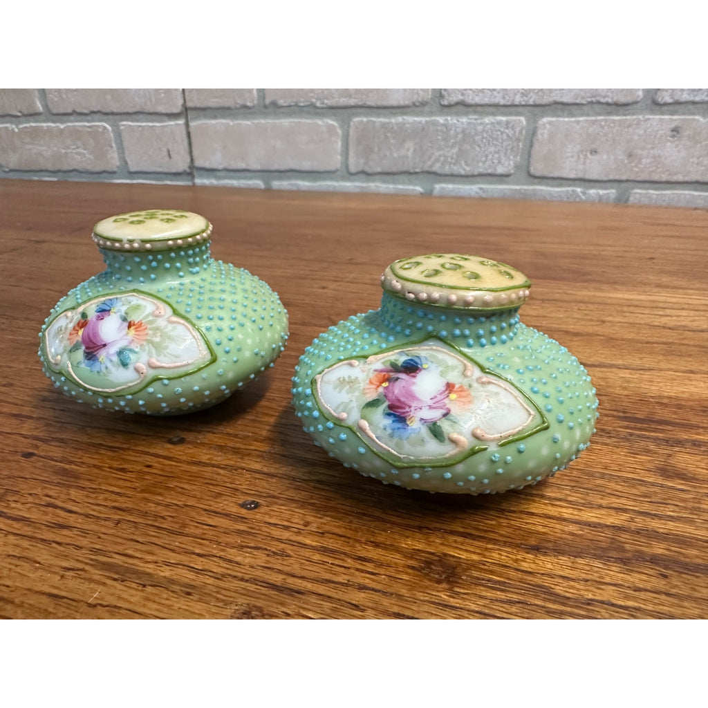 Vintage Nippon Moriage Hand Painted Floral Salt & Pepper Shakers victorian Blue Dimpled