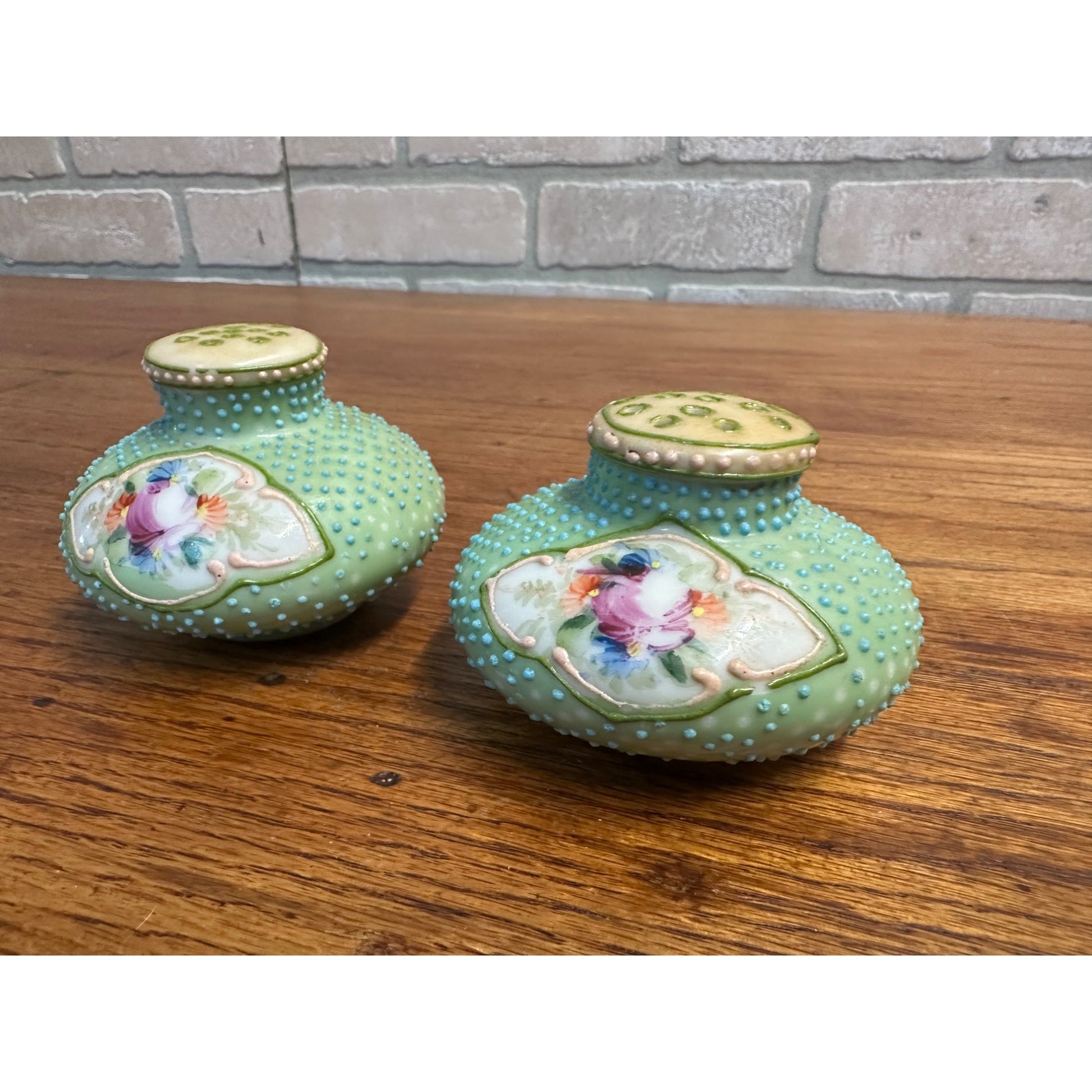 Vintage Nippon Moriage Hand Painted Floral Salt & Pepper Shakers victorian Blue Dimpled