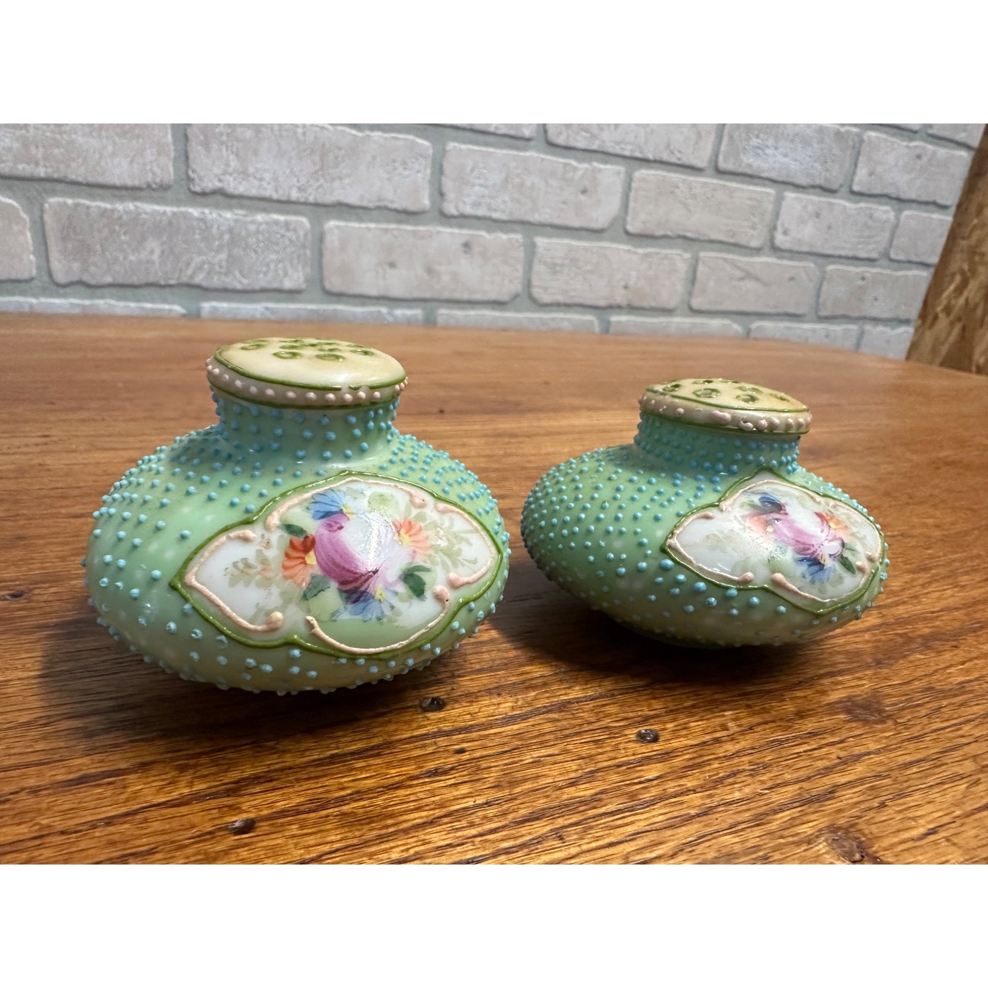 Vintage Nippon Moriage Hand Painted Floral Salt & Pepper Shakers victorian Blue Dimpled