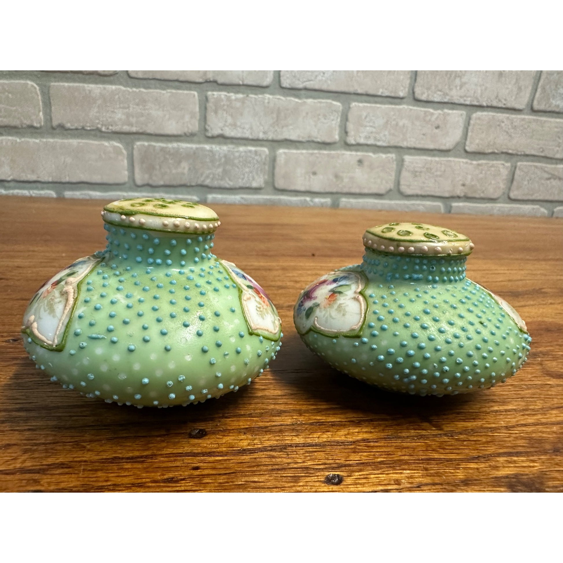 Vintage Nippon Moriage Hand Painted Floral Salt & Pepper Shakers victorian Blue Dimpled