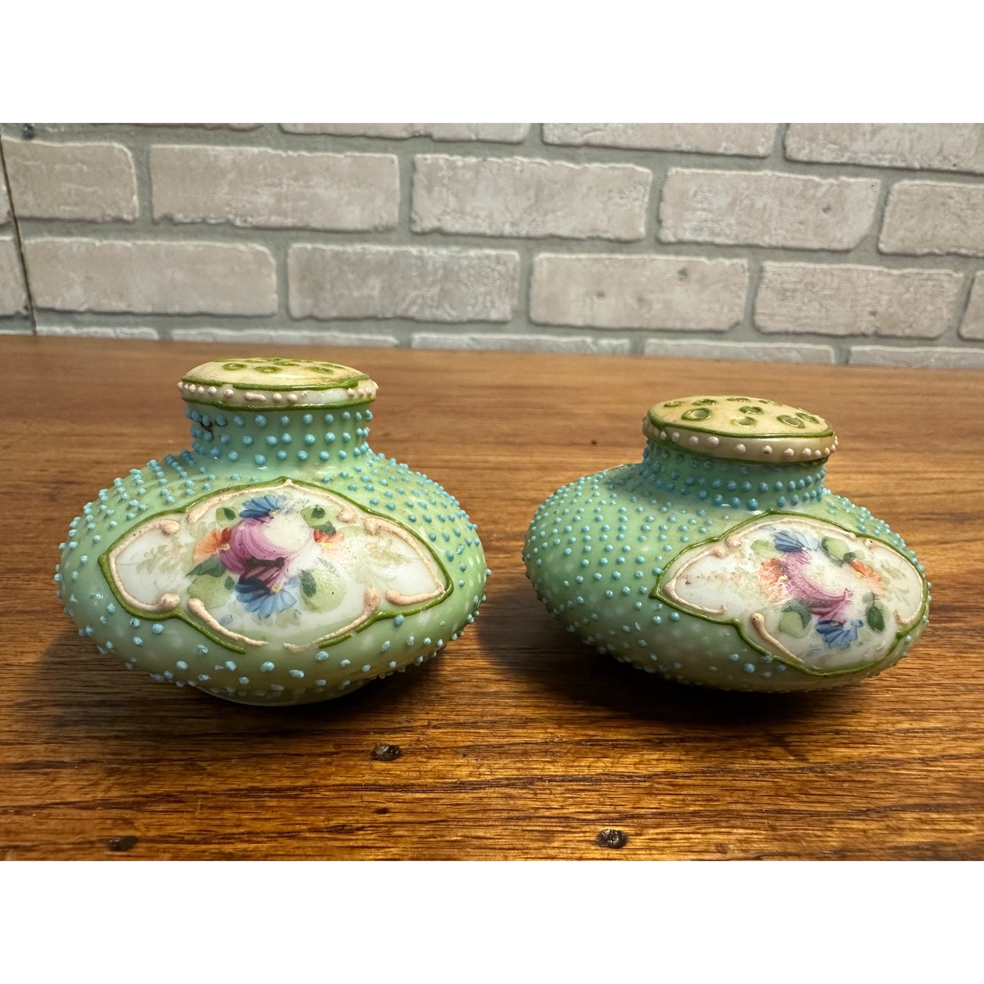 Vintage Nippon Moriage Hand Painted Floral Salt & Pepper Shakers victorian Blue Dimpled