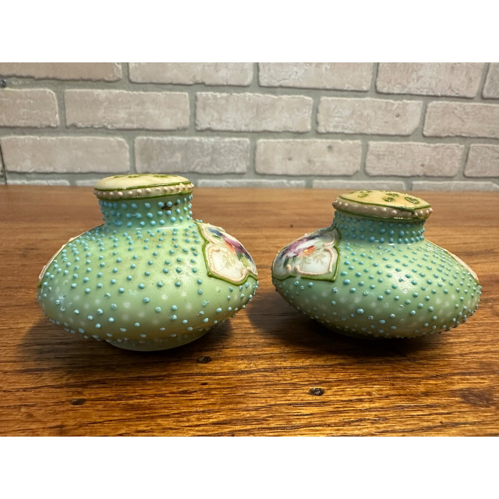 Vintage Nippon Moriage Hand Painted Floral Salt & Pepper Shakers victorian Blue Dimpled