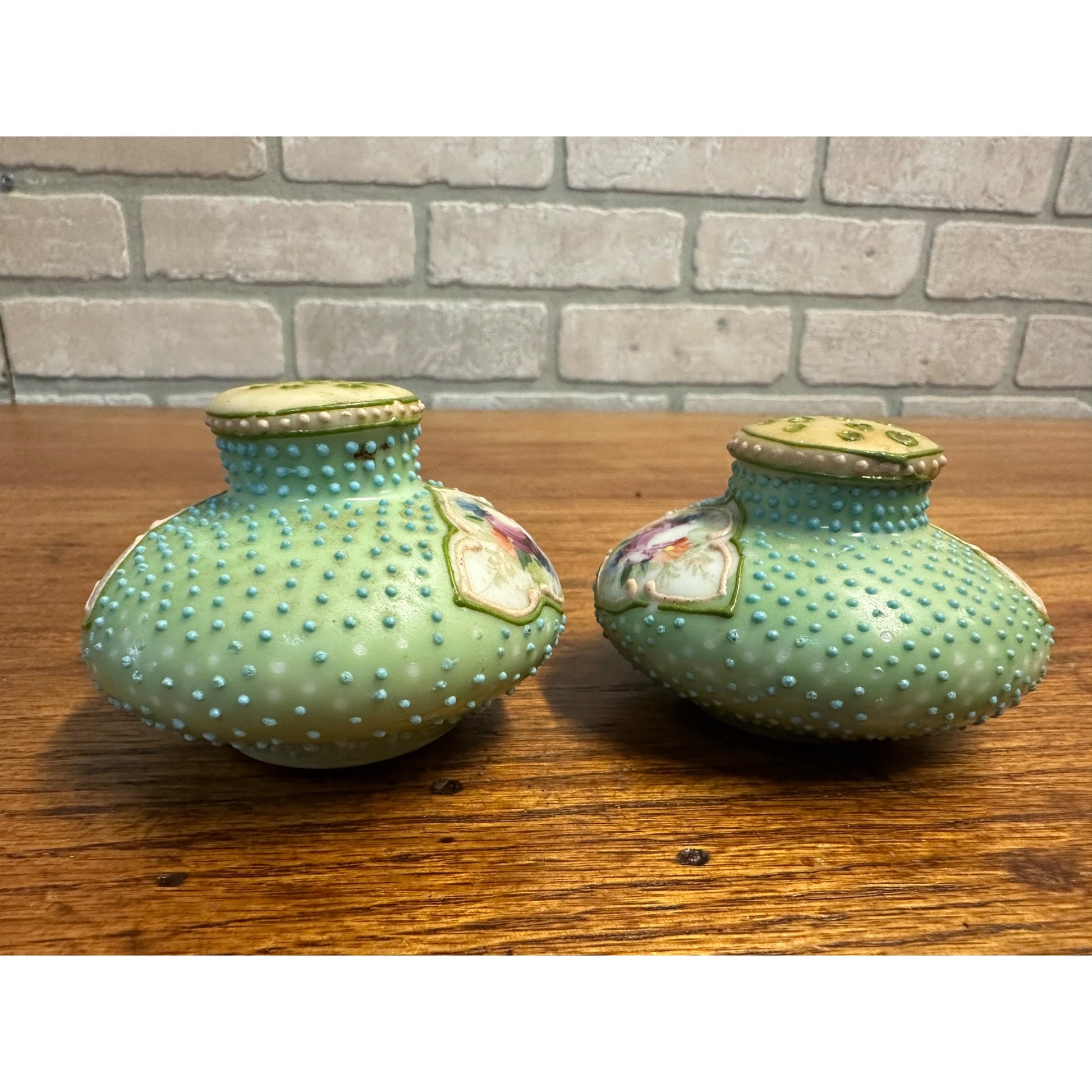 Vintage Nippon Moriage Hand Painted Floral Salt & Pepper Shakers victorian Blue Dimpled
