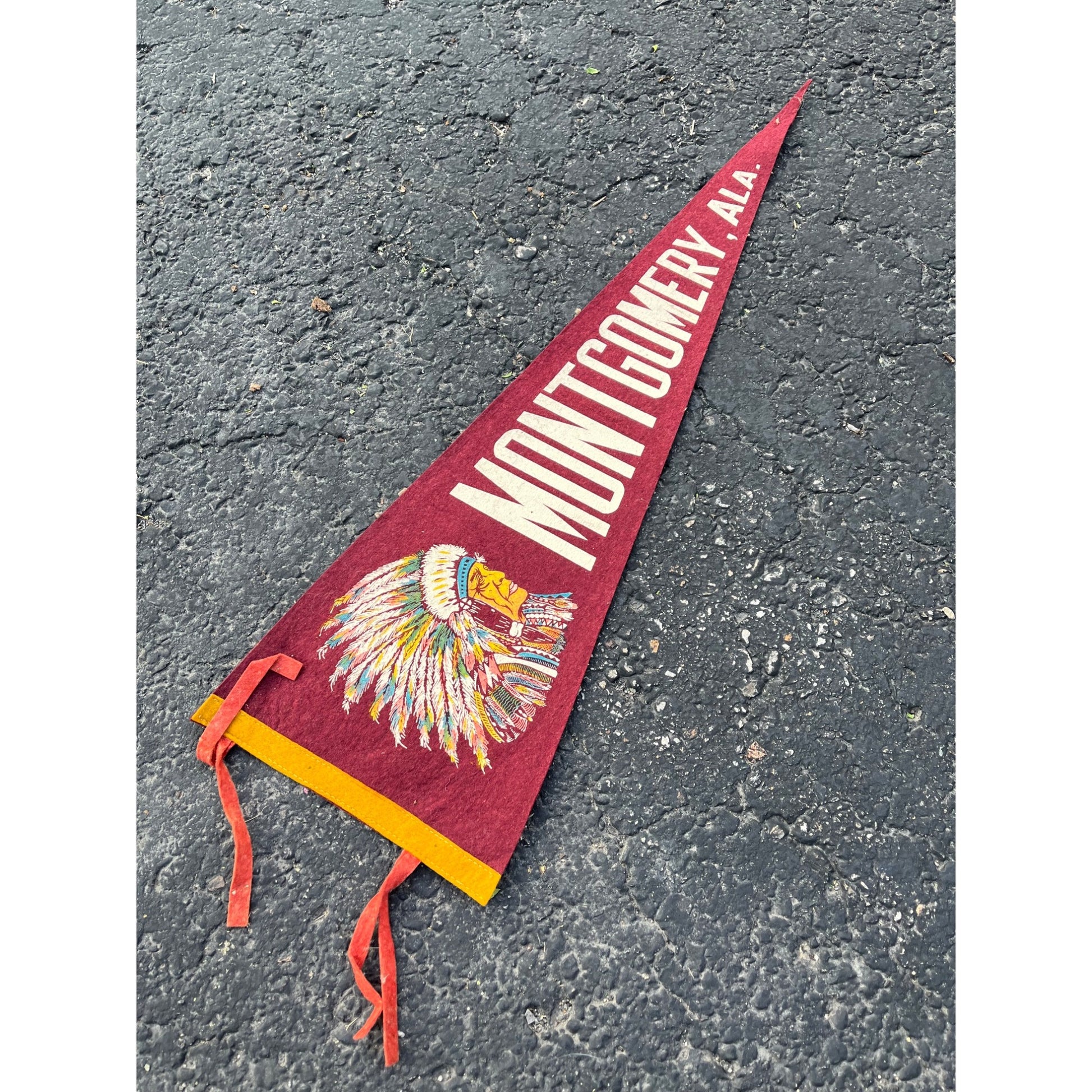 Vintage 1950s Montgomery Alabama Indian Felt Pennant Banner 26" Flag Decor