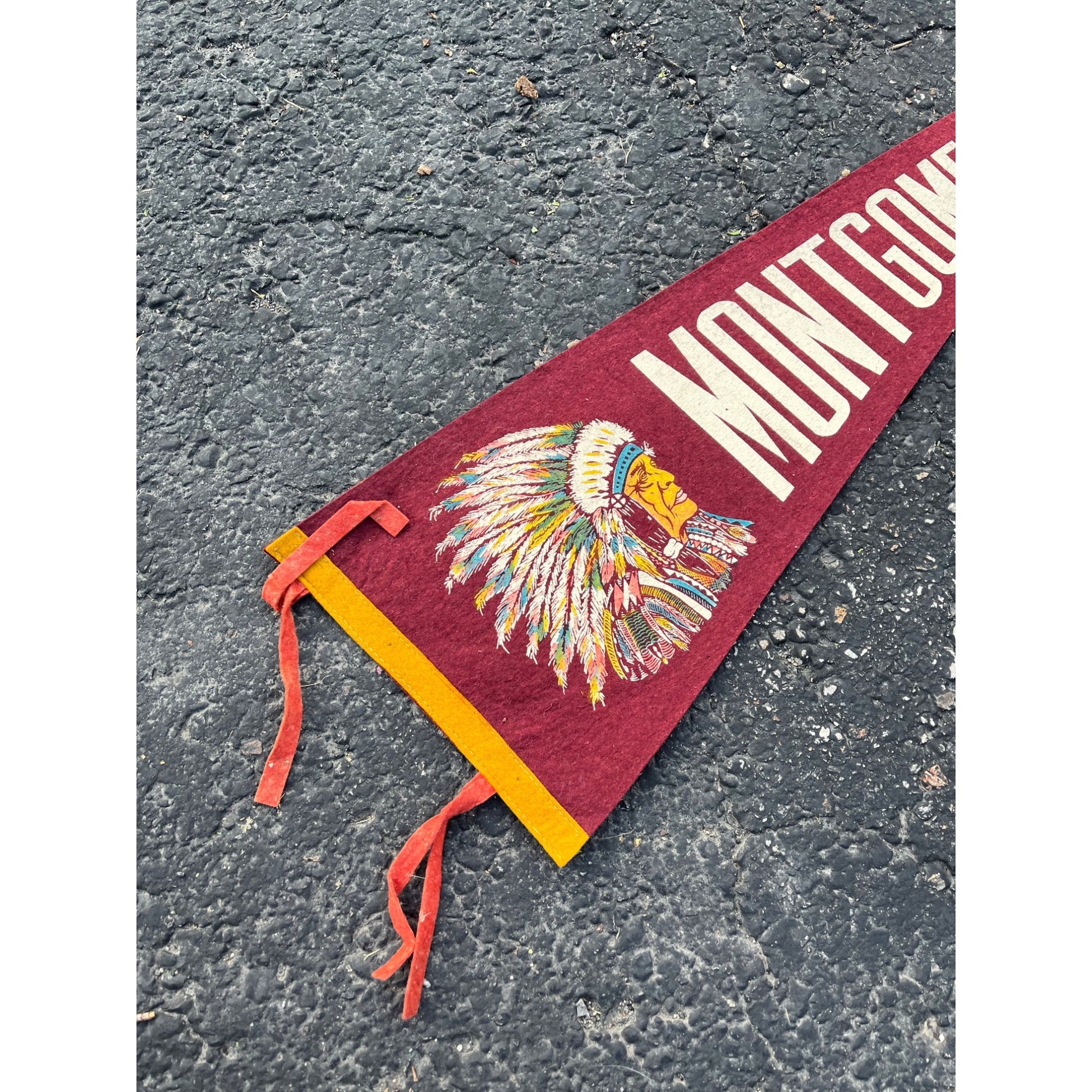 Vintage 1950s Montgomery Alabama Indian Felt Pennant Banner 26" Flag Decor