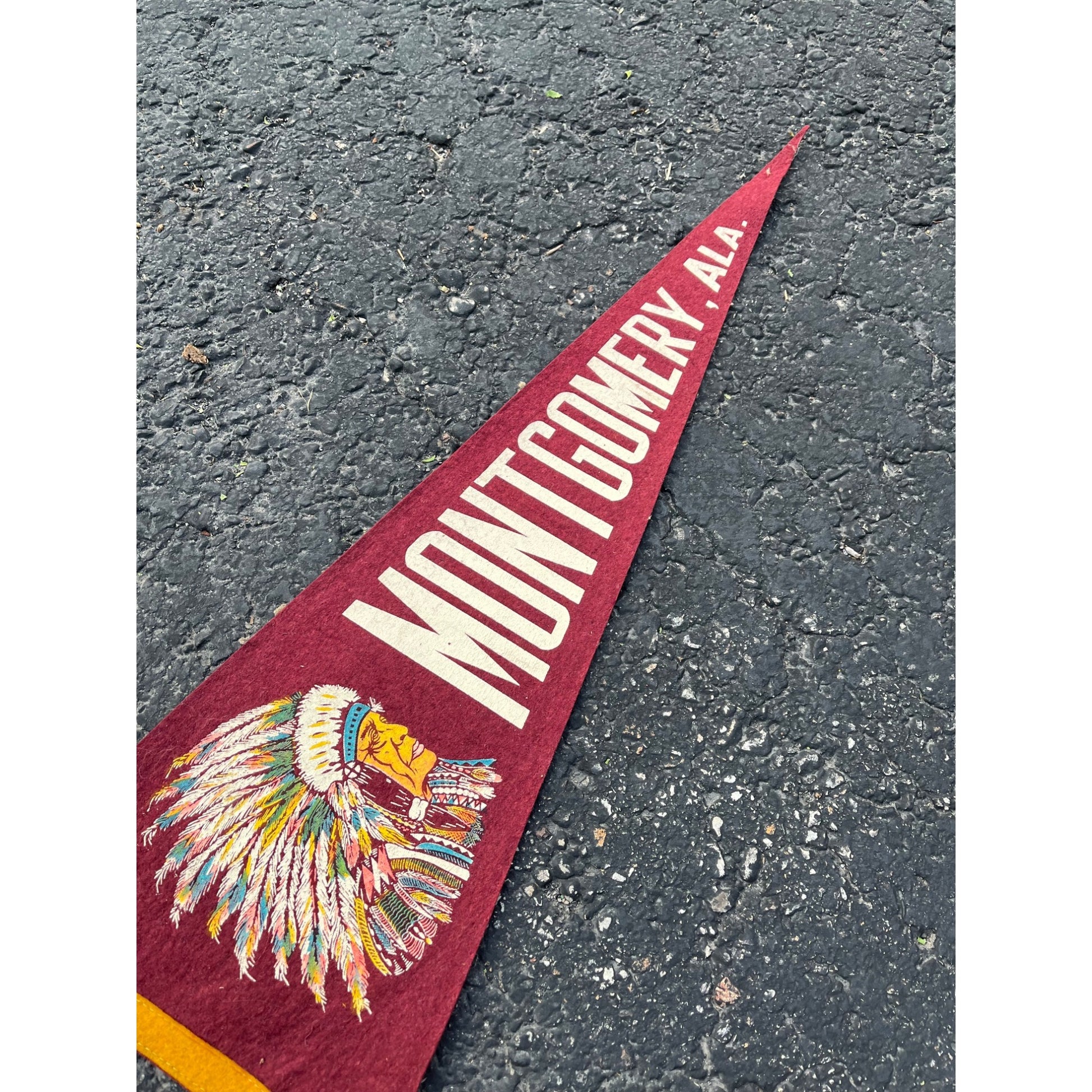 Vintage 1950s Montgomery Alabama Indian Felt Pennant Banner 26" Flag Decor