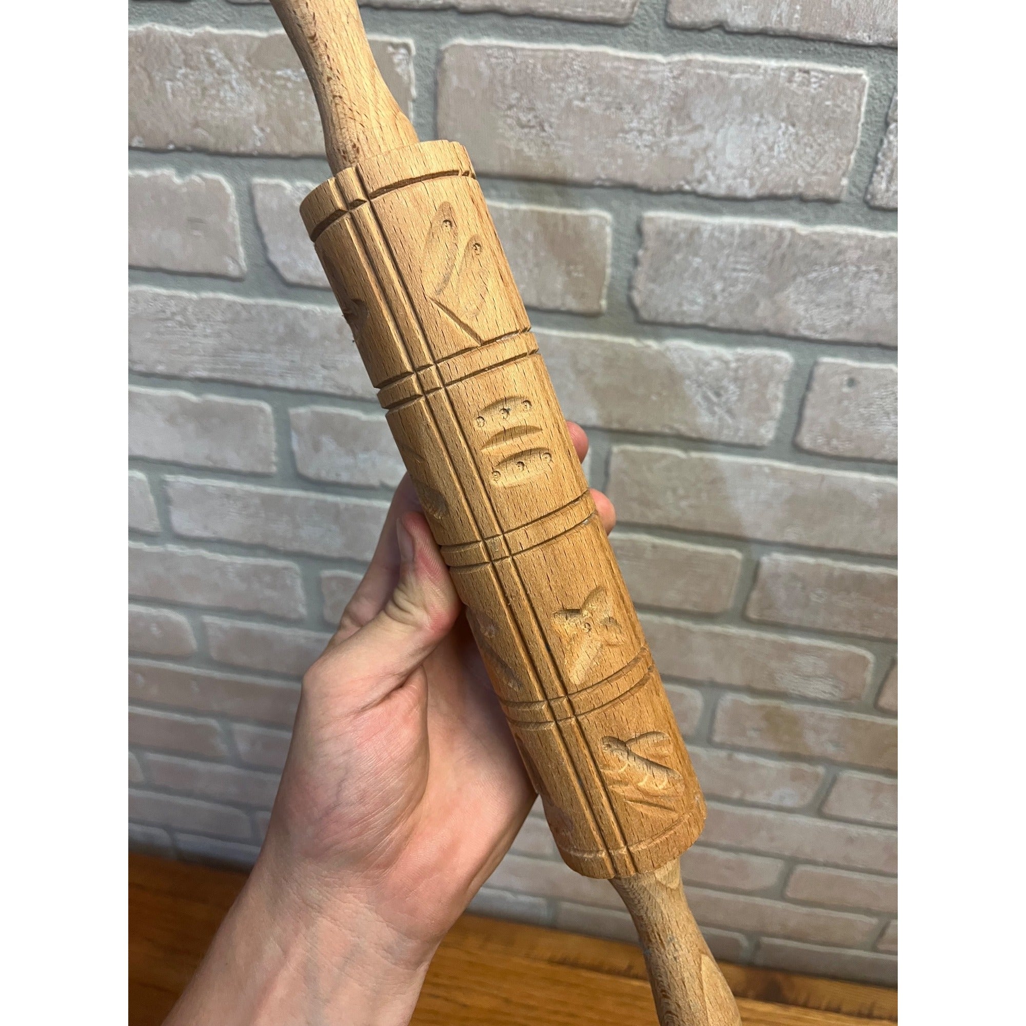 Vintage Wooden Embossed Rolling Pin Hand-carved Cookie Stamp Primitive Kitchen Decor Folk Art