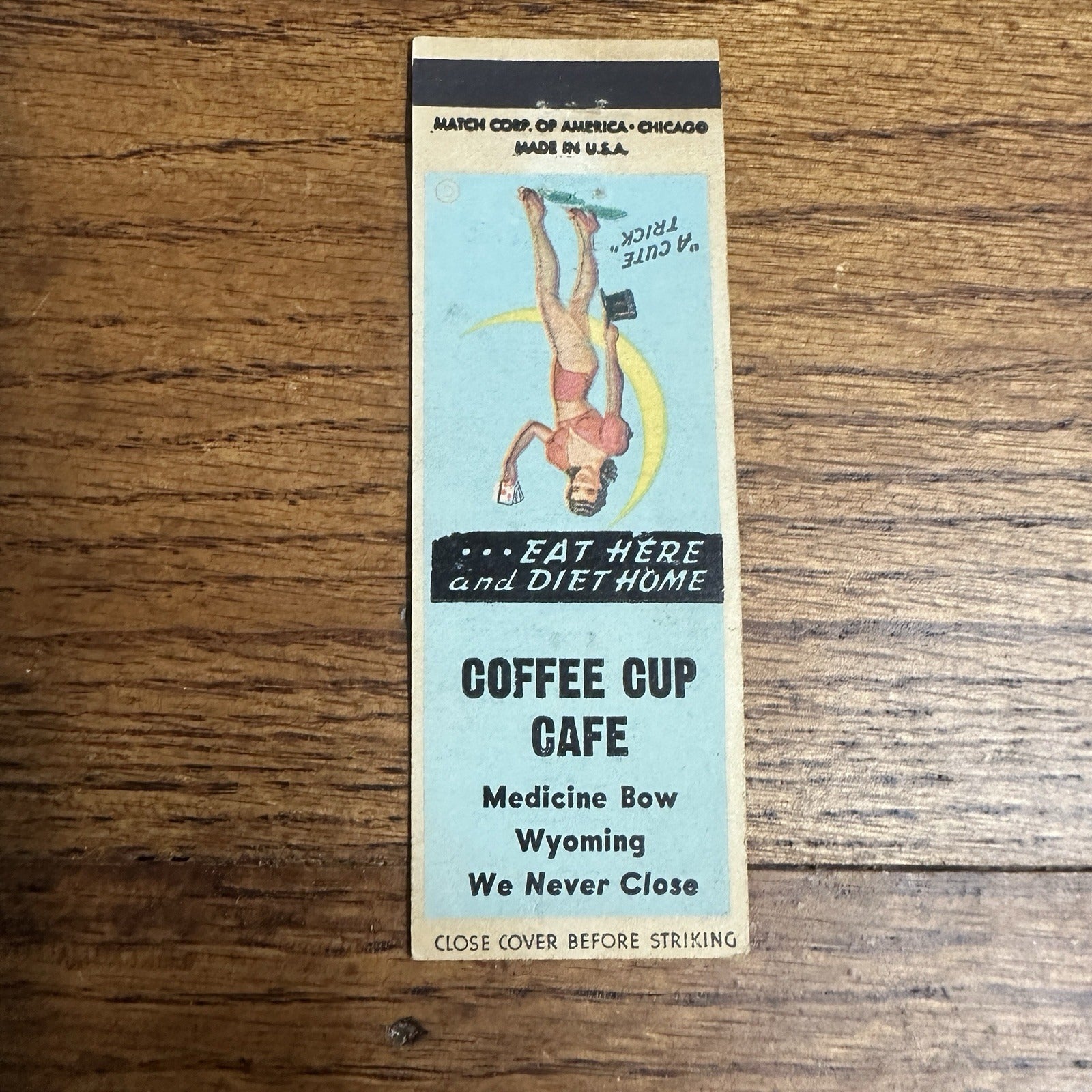 1940s 1950s Pinup Girl Girlie Matchbook Cover Coffee Cup Cafe Medicine Bow WY