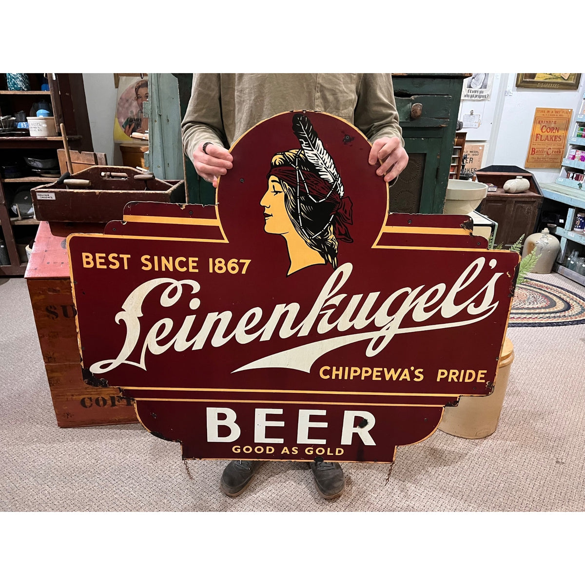 Vintage Jacob Leinenkugel Brewing Co. Large Metal Beer Advertising Sign Indian Maiden Logo Chippewa Falls, WI