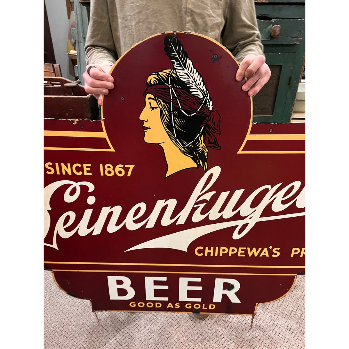 Vintage Jacob Leinenkugel Brewing Co. Large Metal Beer Advertising Sign Indian Maiden Logo Chippewa Falls, WI