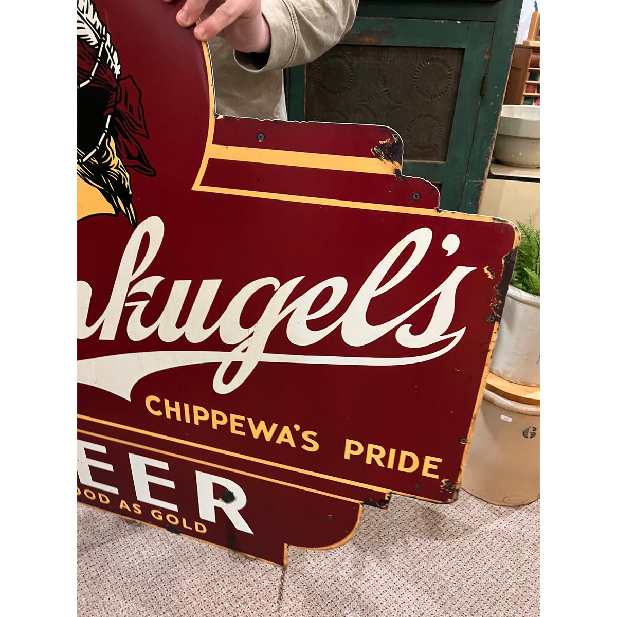 Vintage Jacob Leinenkugel Brewing Co. Large Metal Beer Advertising Sign Indian Maiden Logo Chippewa Falls, WI