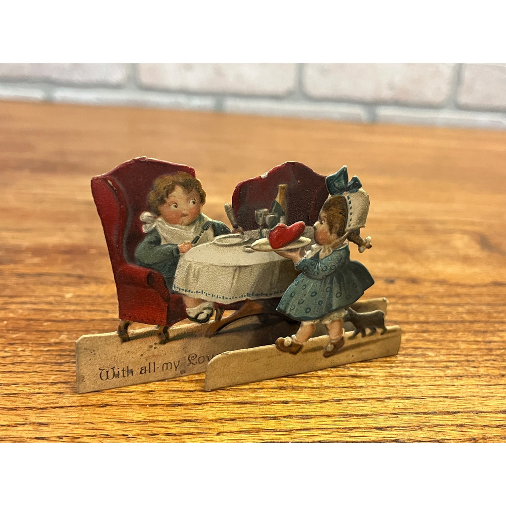 Antique Late 1800s German Diecut Valentine Stand-Up Card Boy & Girl Table