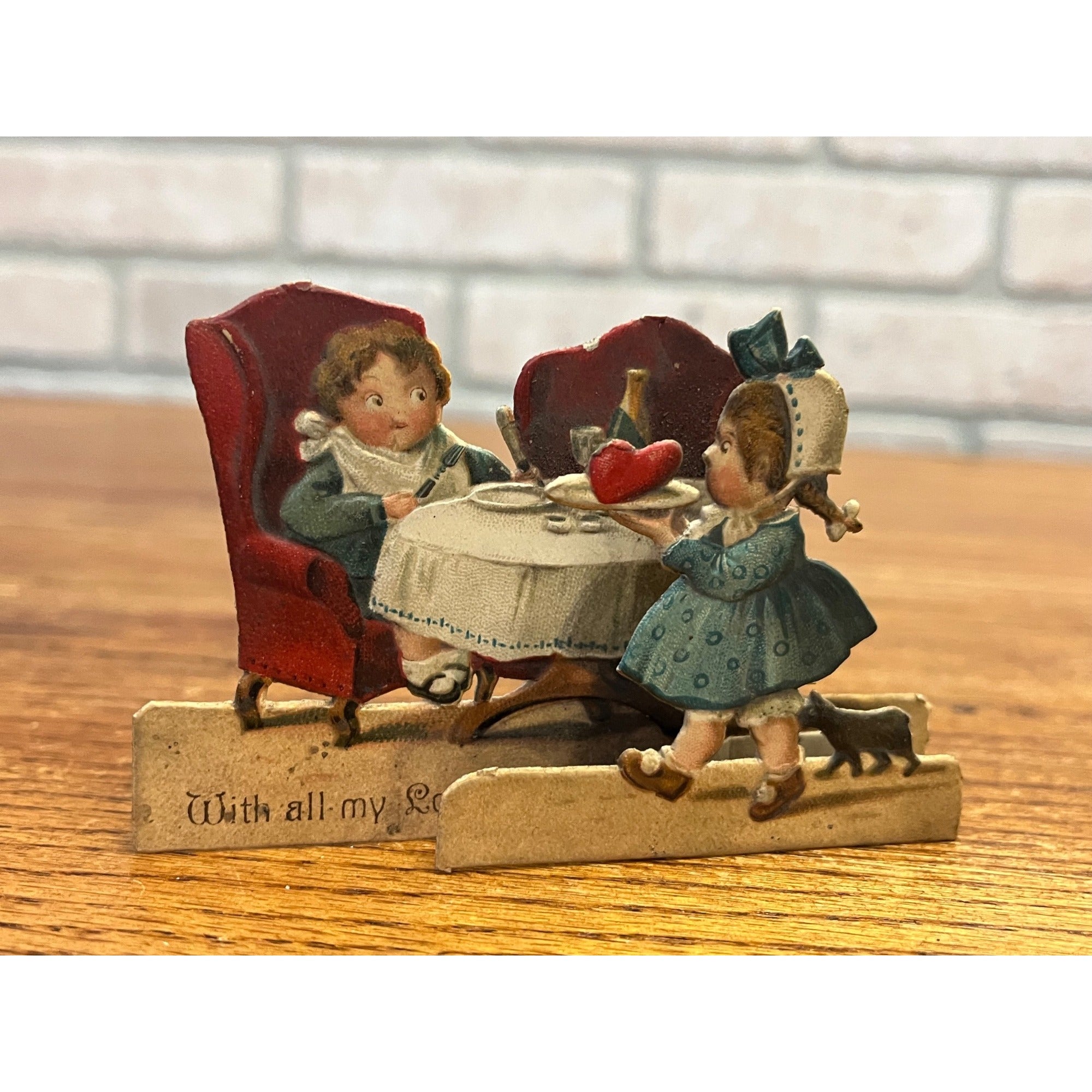 Antique Late 1800s German Diecut Valentine Stand-Up Card Boy & Girl Table