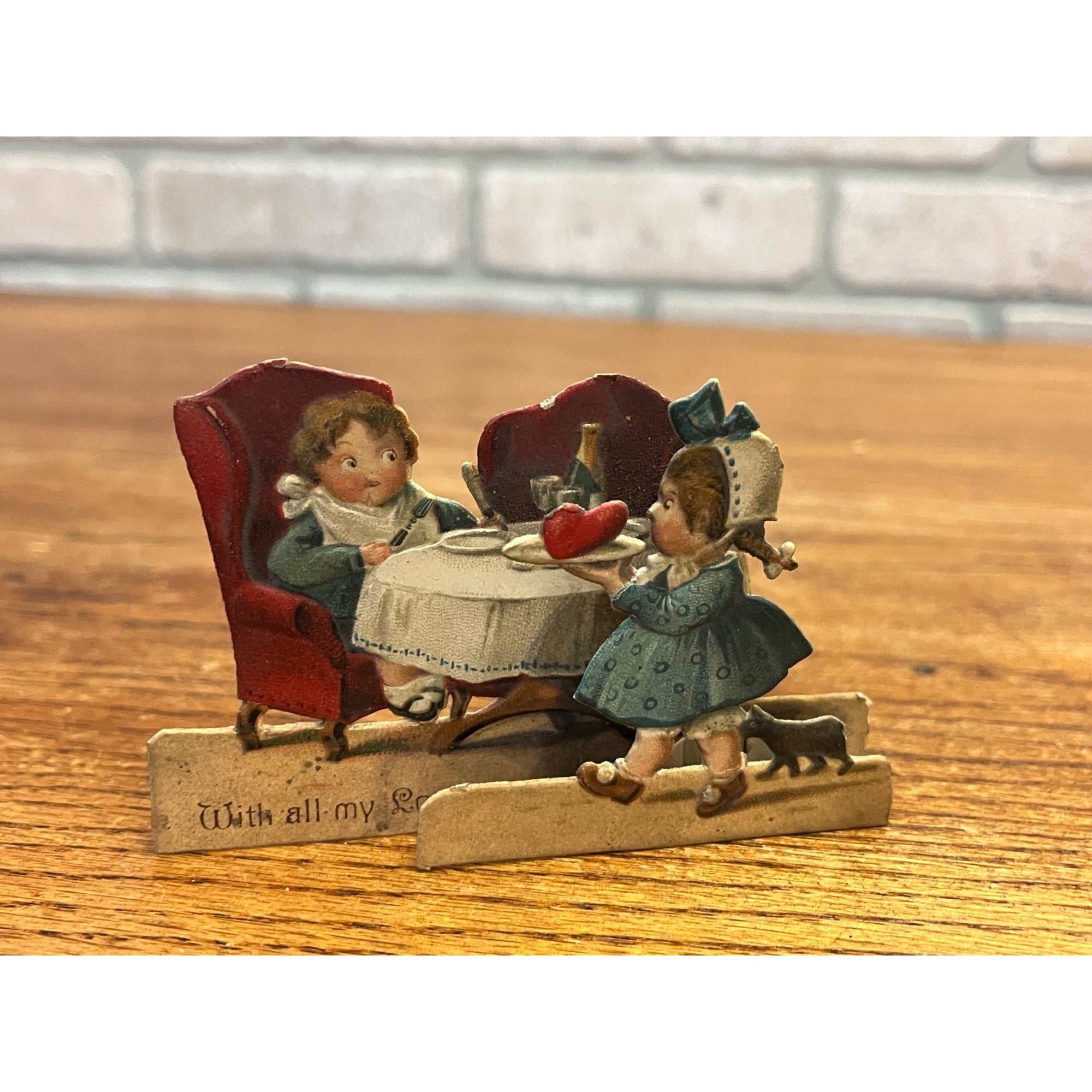 Antique Late 1800s German Diecut Valentine Stand-Up Card Boy & Girl Table
