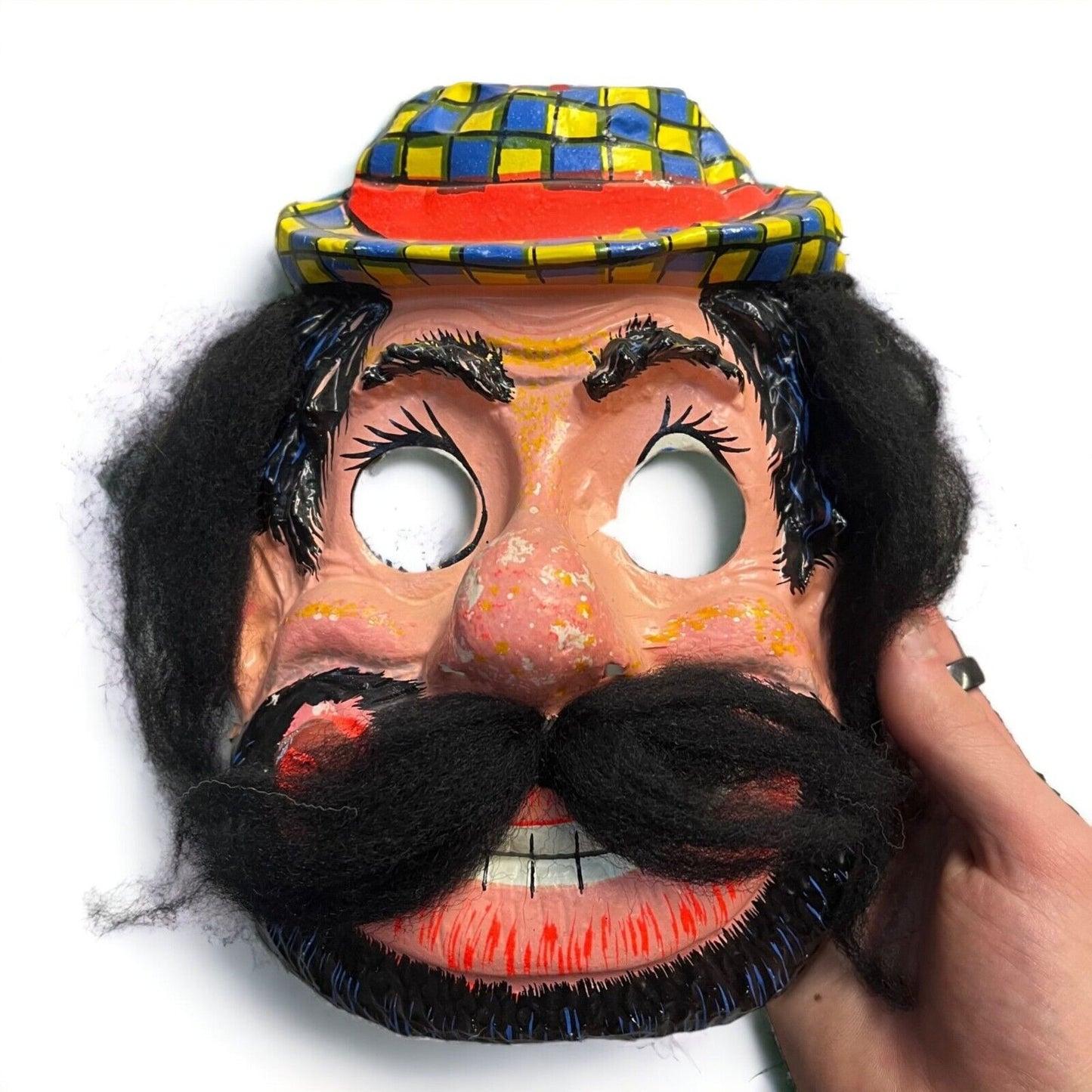 Vintage 1960s Halloween Hobo Plaid Hat Mustache Costume Face Mask Plastic