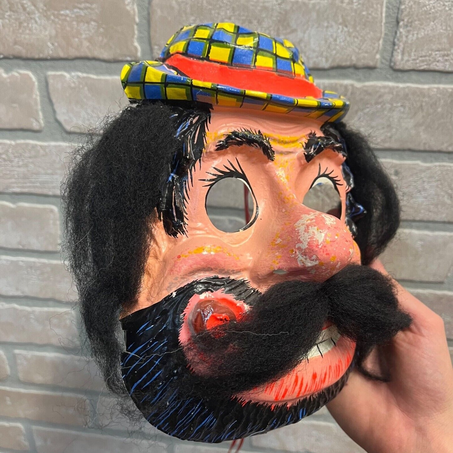 Vintage 1960s Halloween Hobo Plaid Hat Mustache Costume Face Mask Plastic