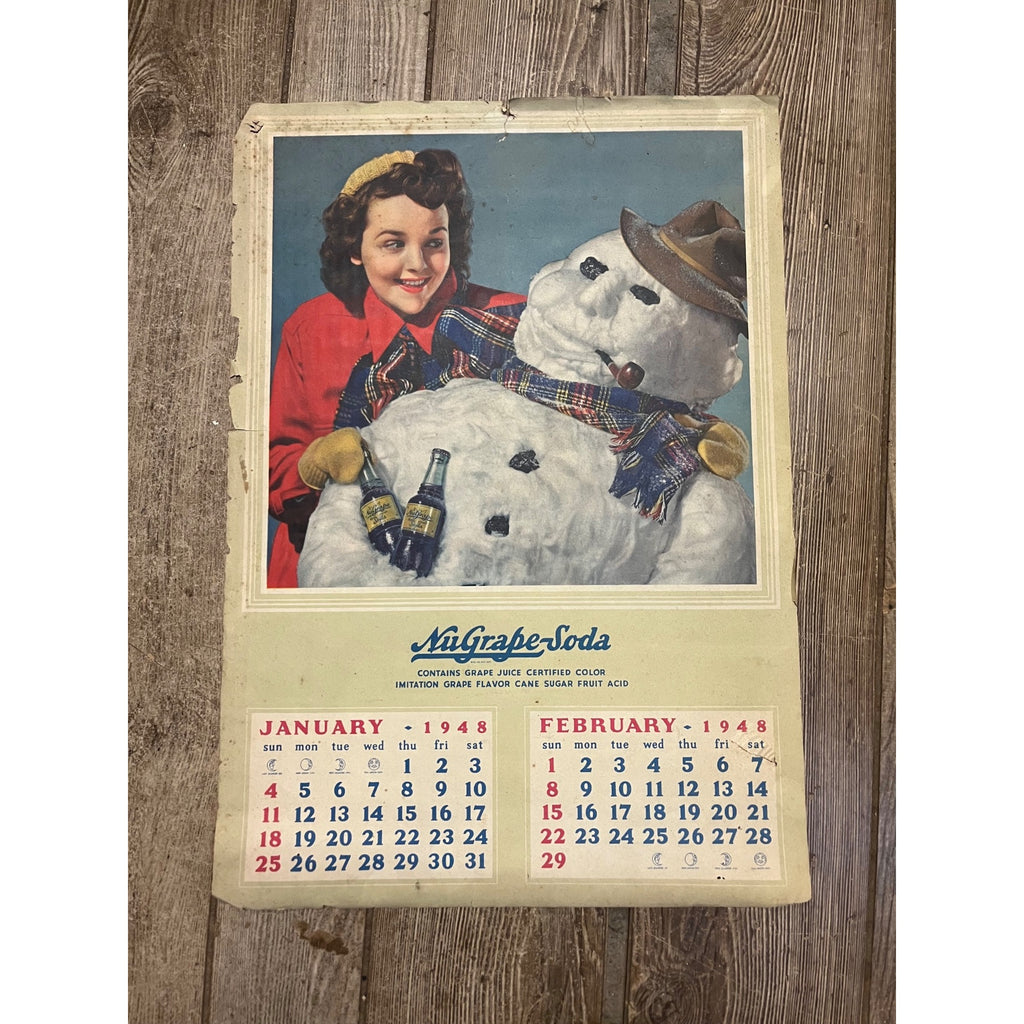 Vintage 1948 Nu-Grape Soda Paper Advertising Calendar Sign Snowman