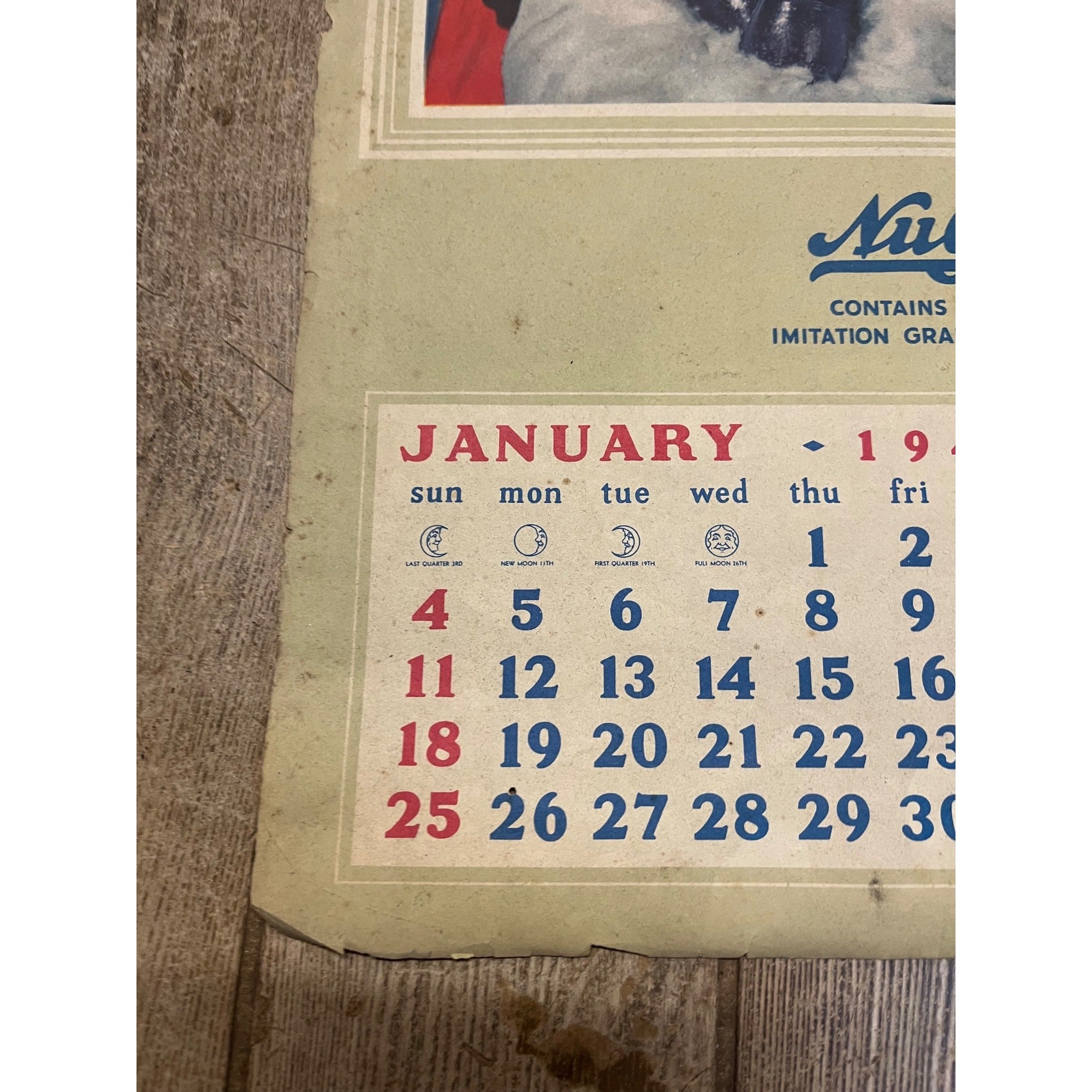 Vintage 1948 Nu-Grape Soda Paper Advertising Calendar Sign Snowman