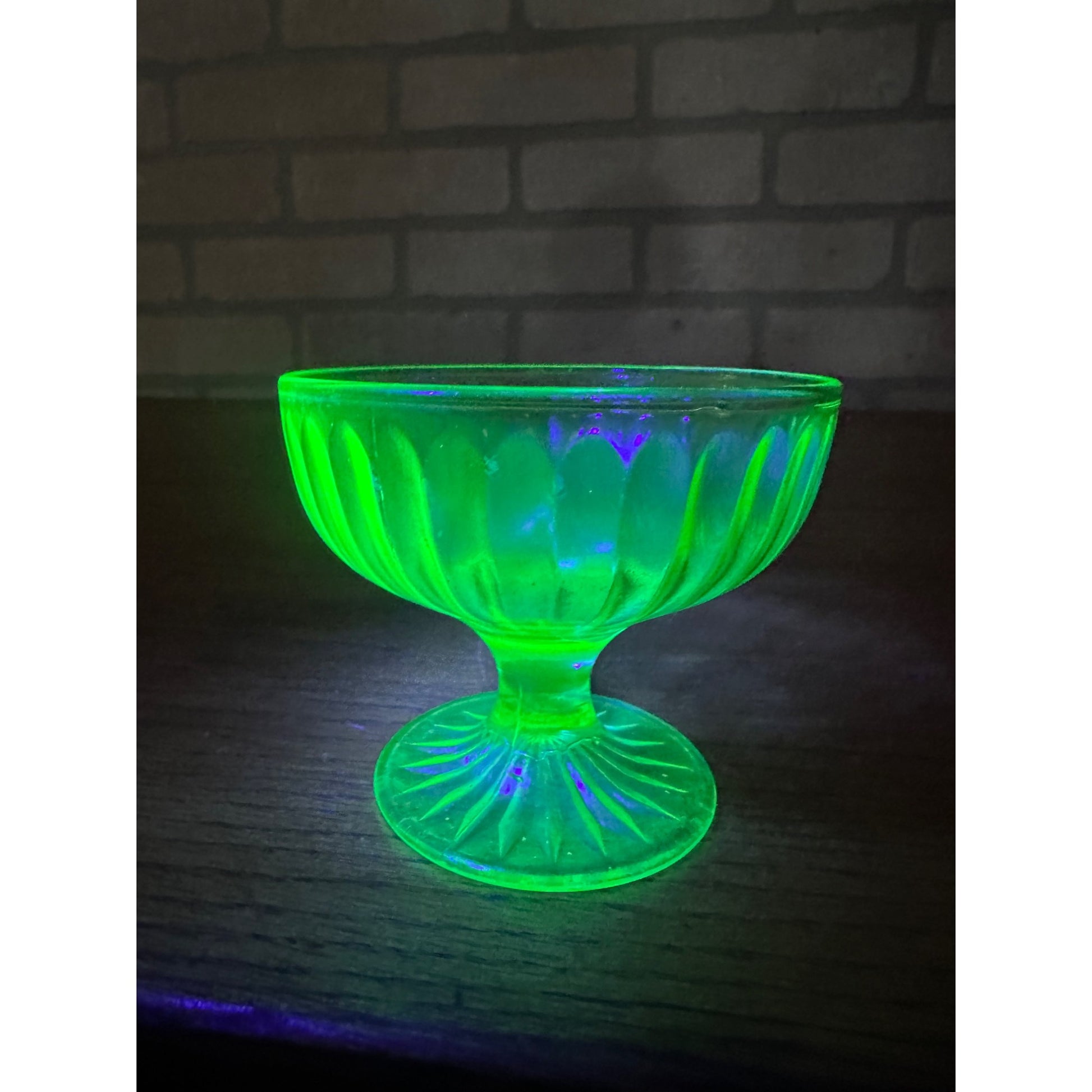 Vintage Hazel Atlas Ribbon Green Uranium Glass Footed Desert Sherbet Bowl Glows