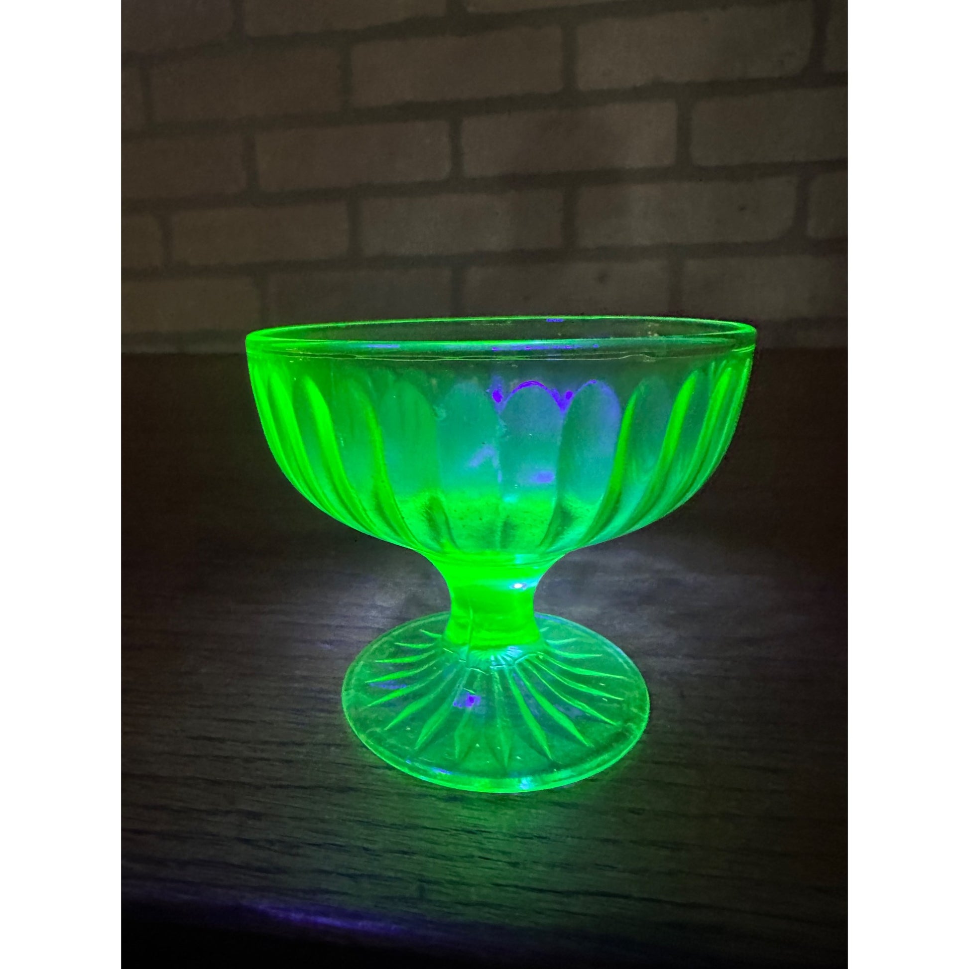 Vintage Hazel Atlas Ribbon Green Uranium Glass Footed Desert Sherbet Bowl Glows